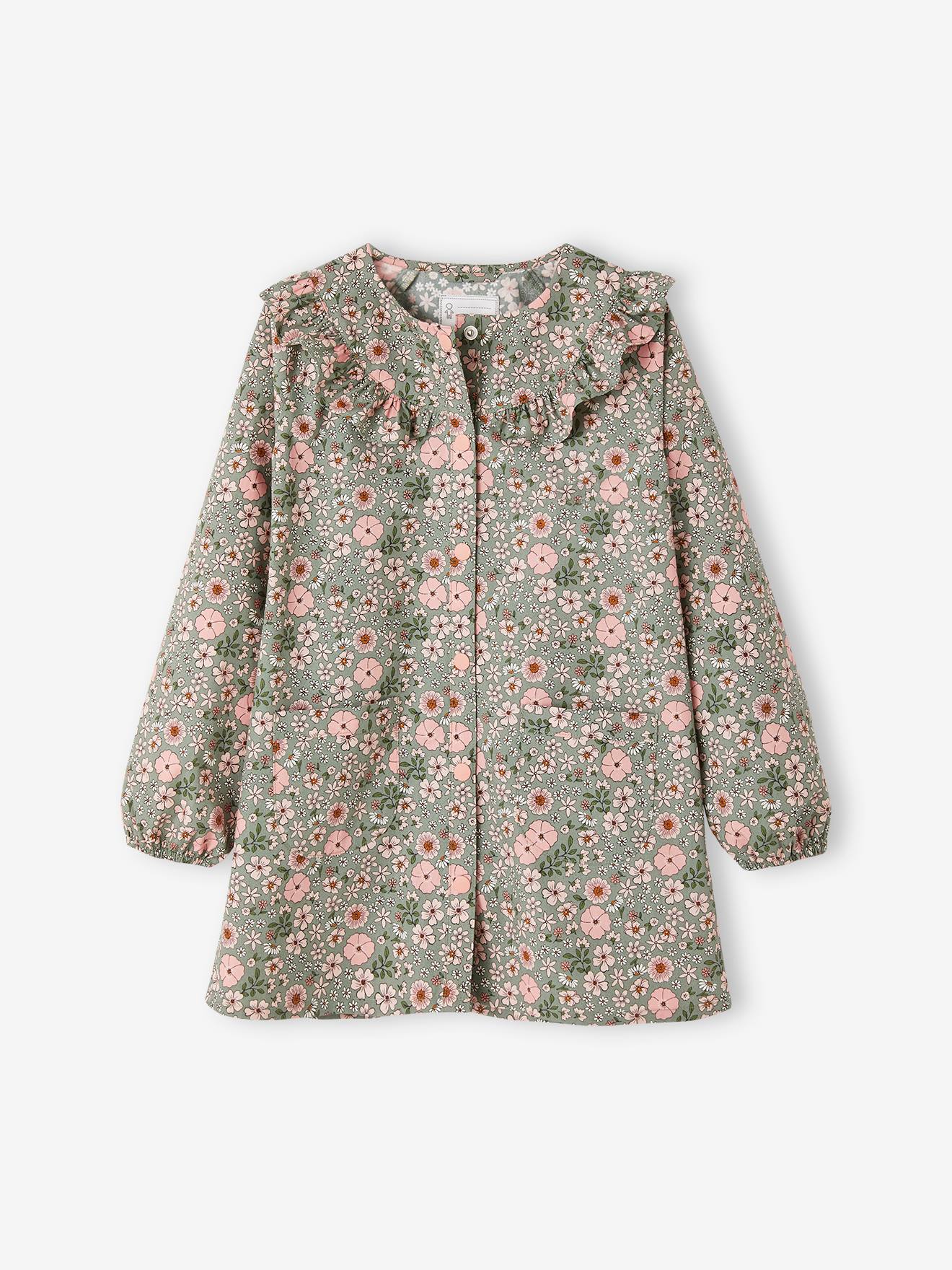 Tablier à fleurs personnalisable fille volants devant vert lichen