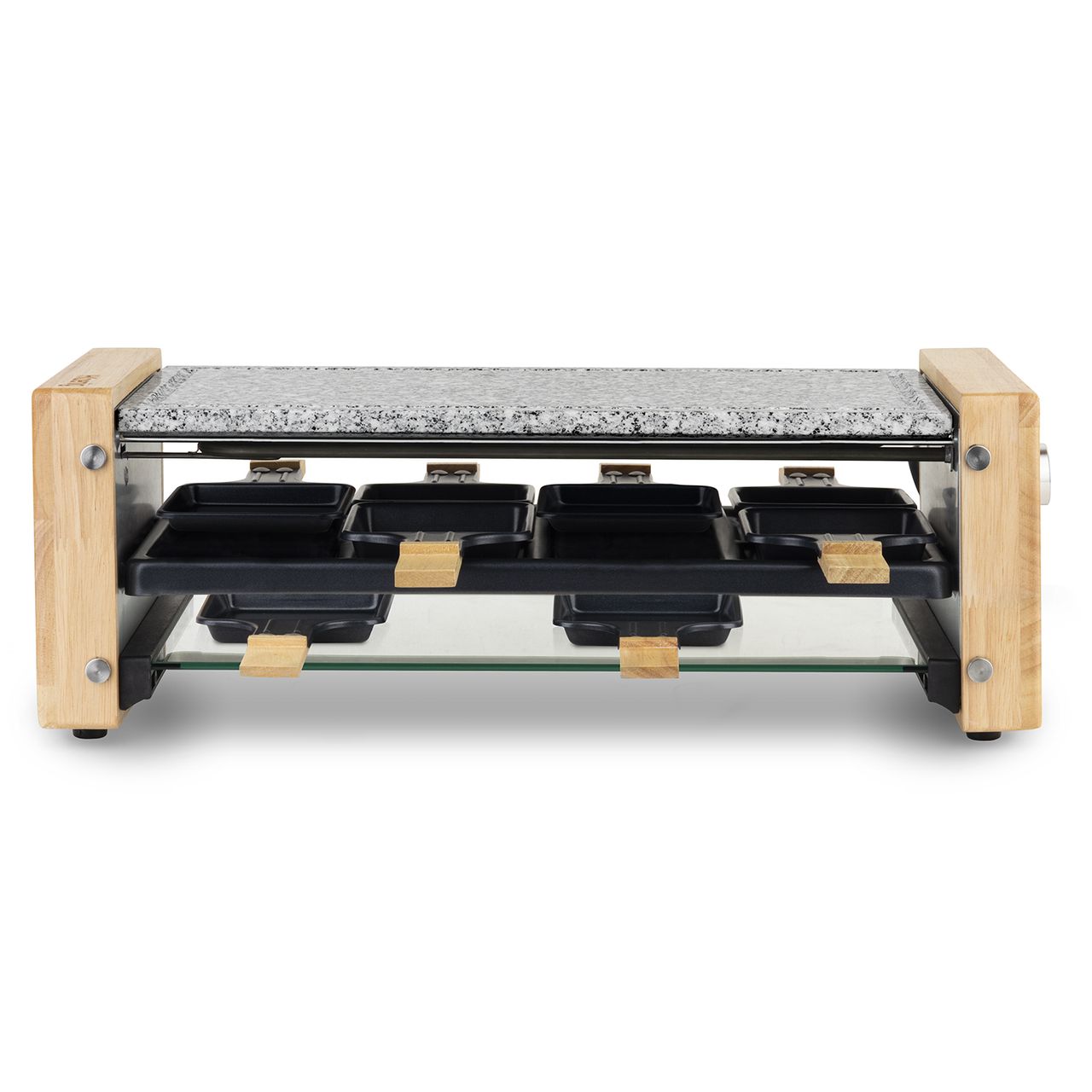 H.Koenig Multifunktionales Raclettegerät 8 Personen WOD12 Naturholzdesign, Herausnehmbarer Granitstein, Professionelles Raclette, 8 antihaftbeschichtete Pfännchen, 8 Holzspatel