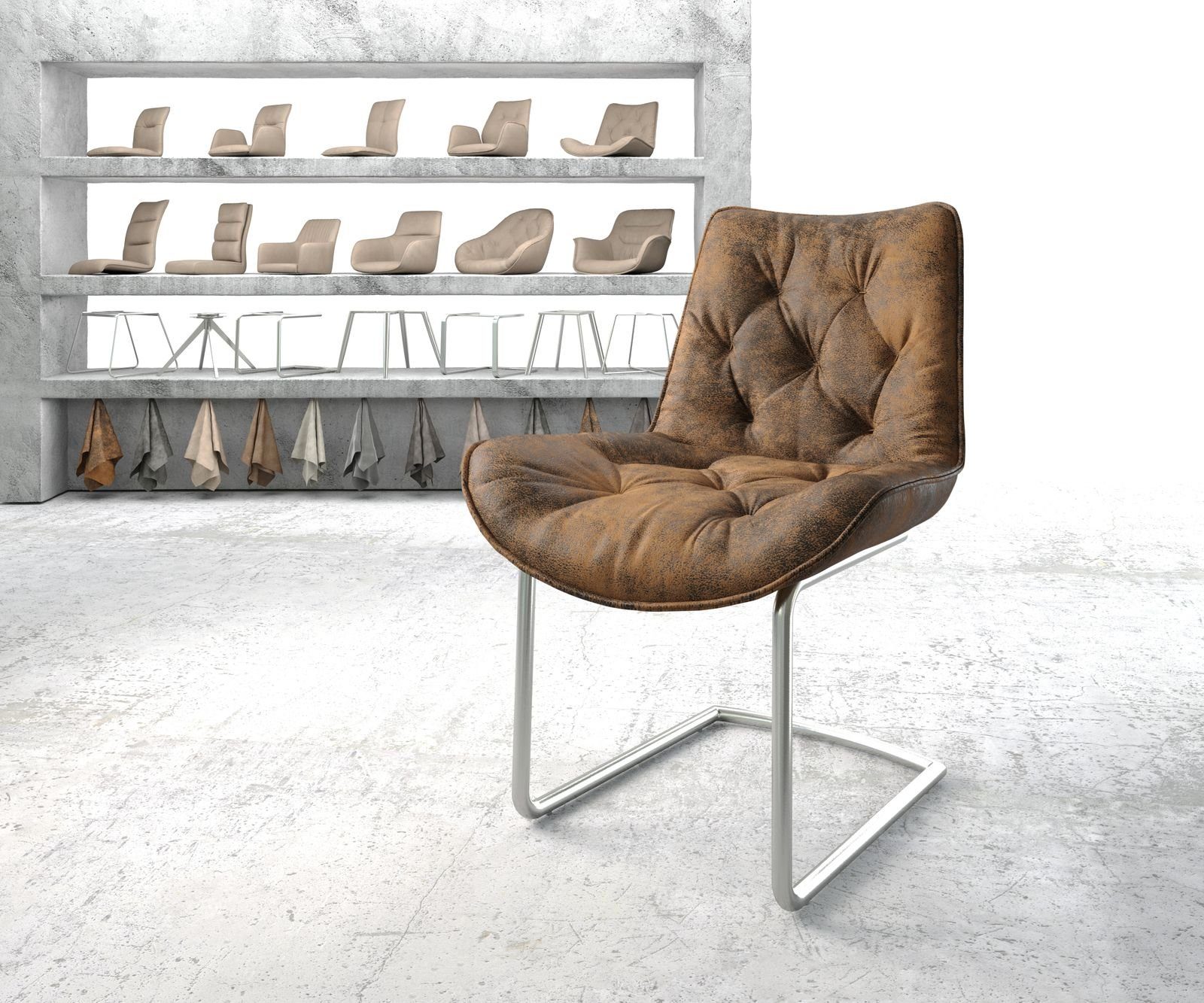 DELIFE Polsterstuhl Taimi-Flex, Freischwinger rund Edelstahl Braun Antik