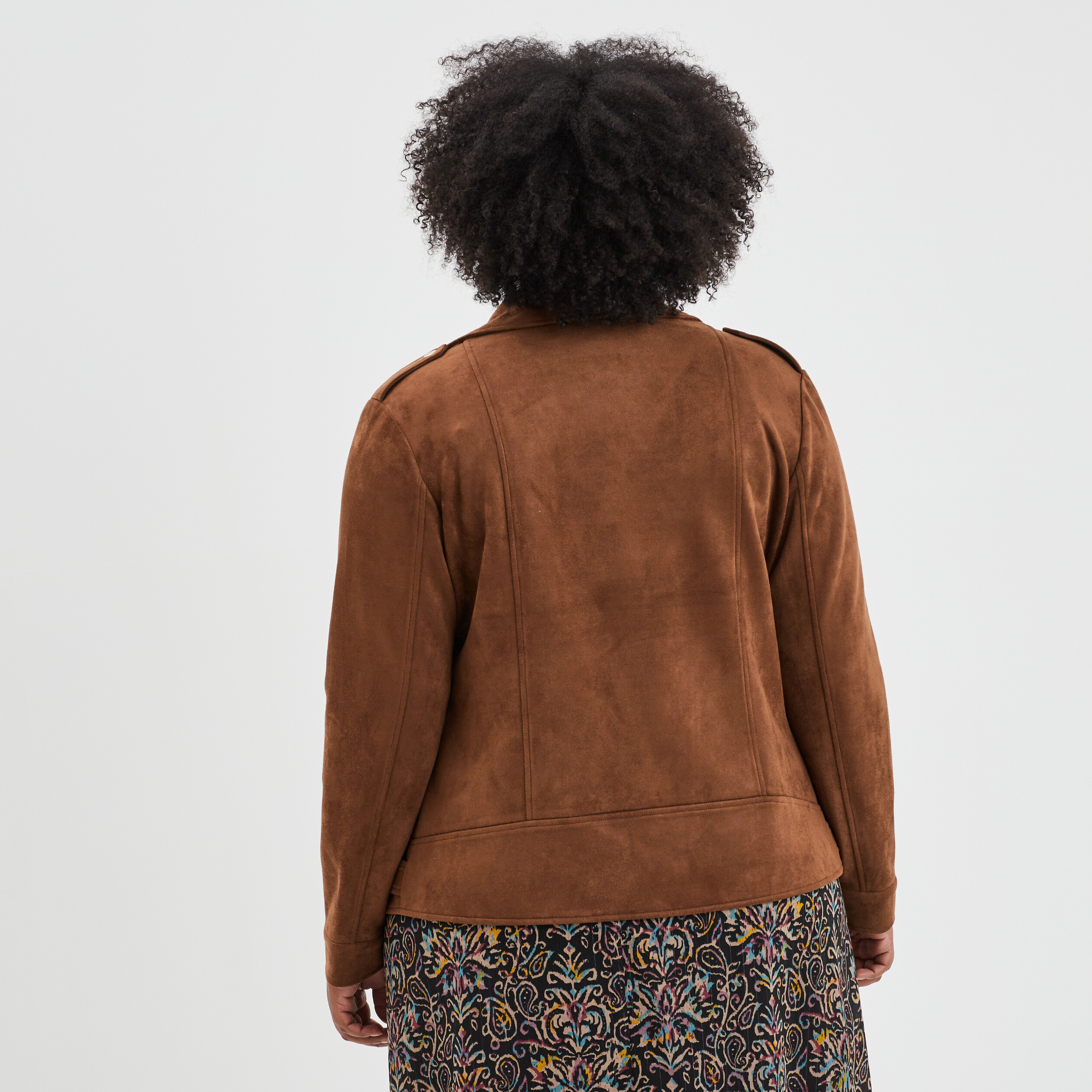 Blouson zippé effet suédine style biker marron femme grande taille | La Halle