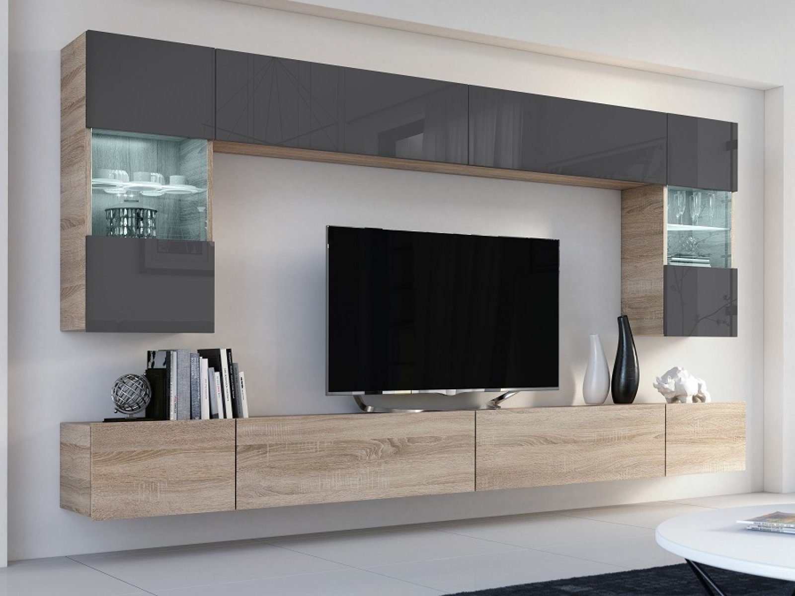 kaufexpert Wohnwand BESTSELLER Wohnwand Flow MDF Grau Hochglanz/Sonoma Matt 300 cm LED