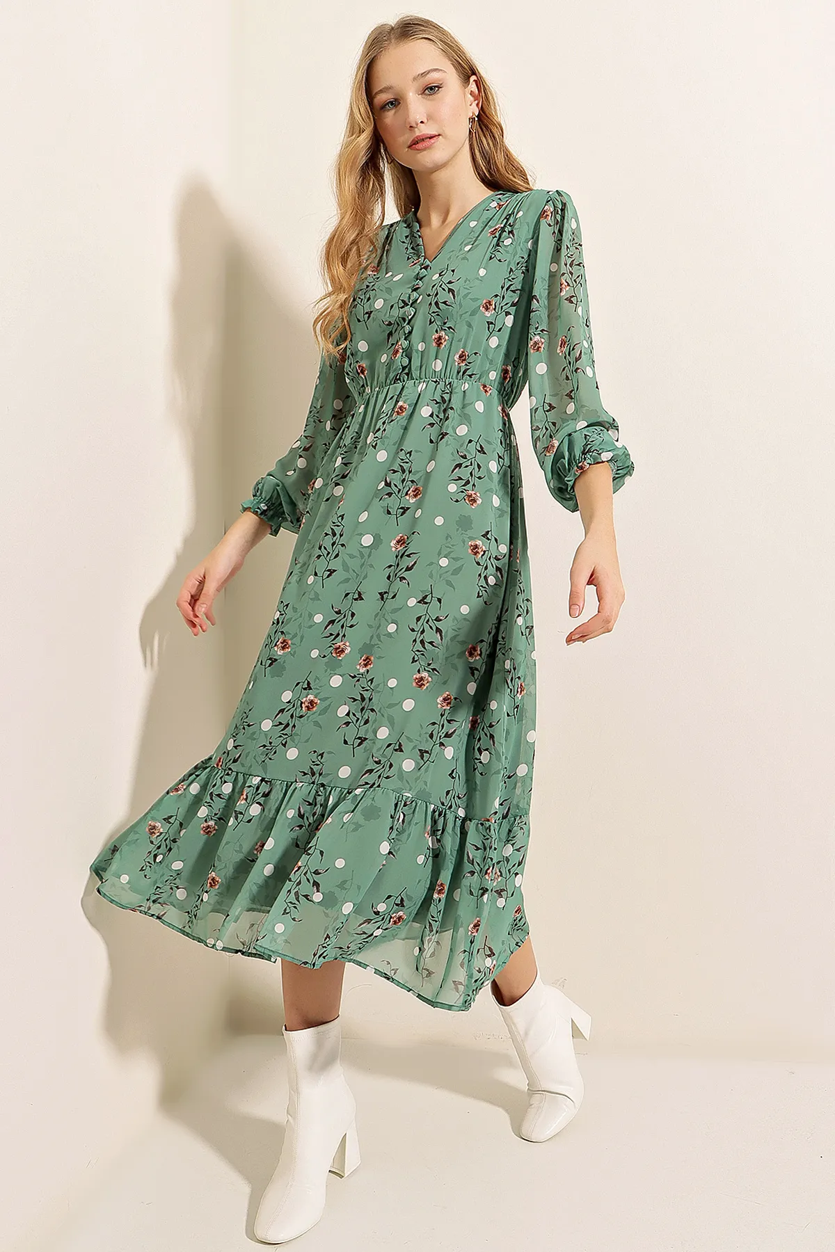 Bigdart  2137 Gemustertes Chiffonkleid - Çağla