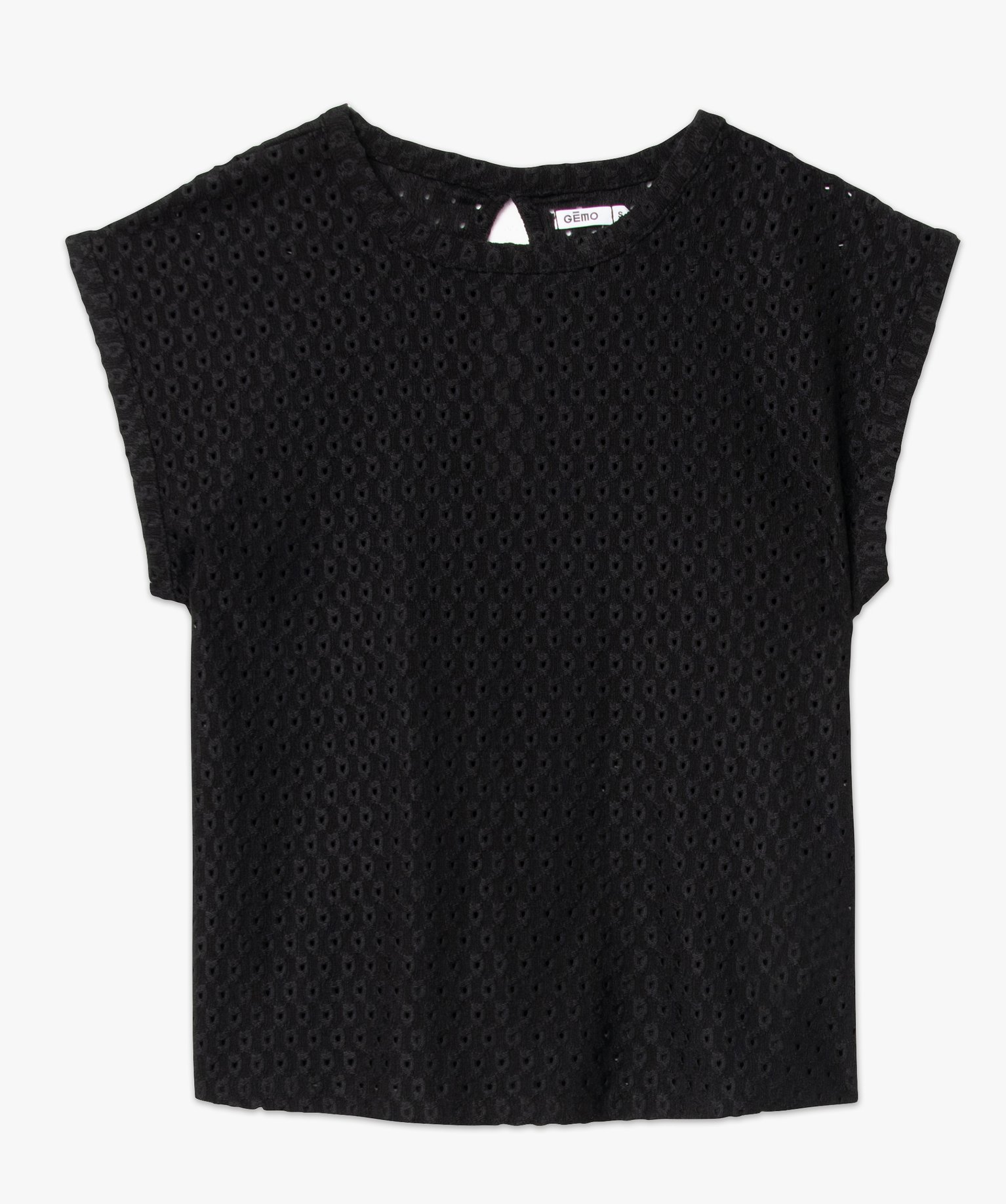 Tee-shirt femme à manches courtes en maille ajourée noir | GEMO