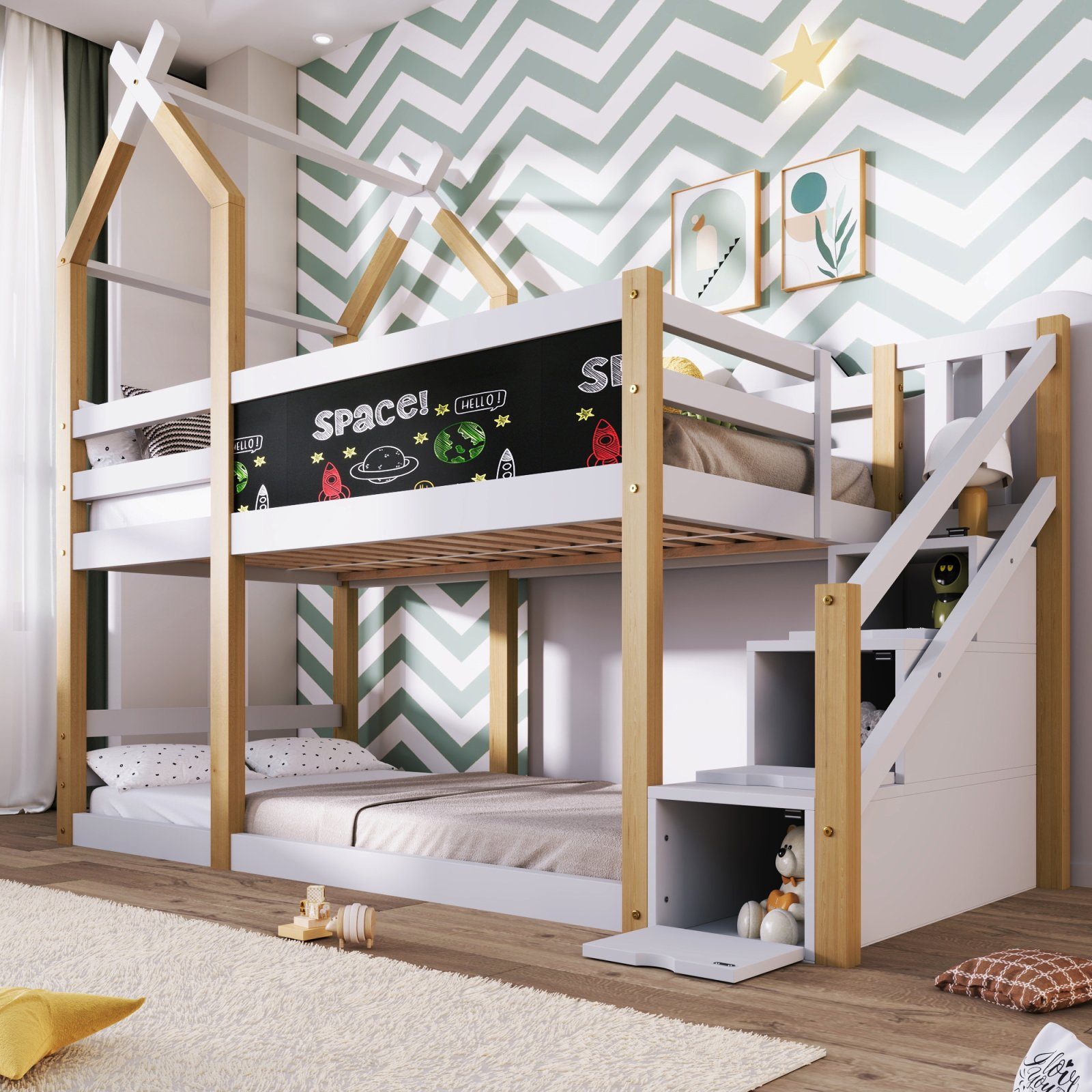 FUROKOY Holzbett Baumhaus Tafel Bett mit Speicherung und Rausfallschutz mit Wandtafel, , Etagenbett Hochbett 90 x 200 cm Natur & Weiß