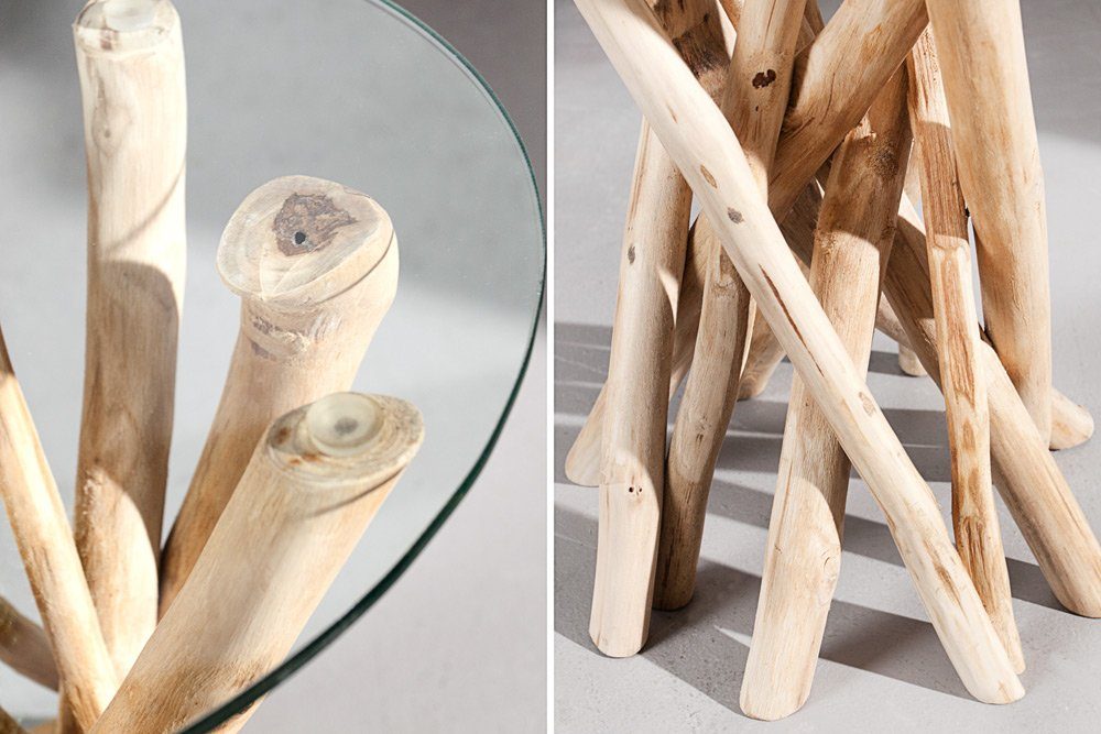riess-ambiente Beistelltisch DRIFTWOOD 35cm natur / transparent, Massivholz · mit Glasplatte · rund · Handarbeit · Teakholz