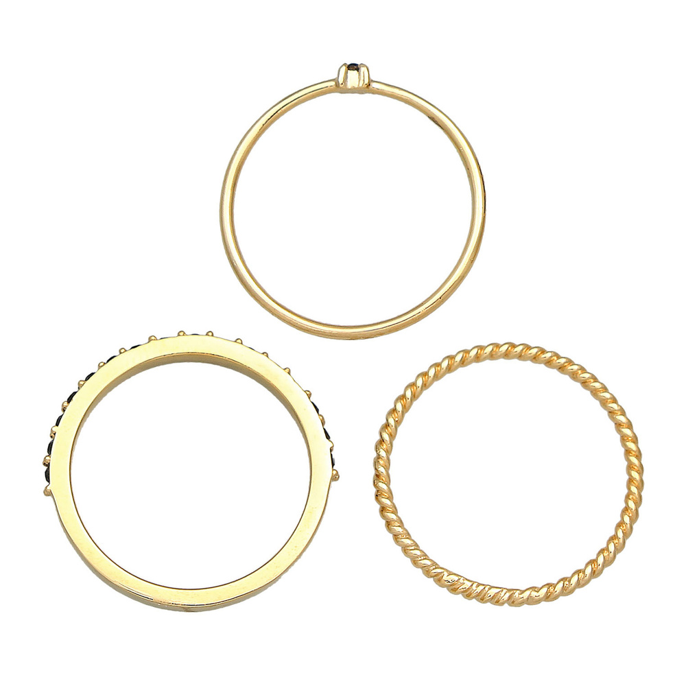 Elli Elli Bague Femmes Pile Set Élégante Solitaire Torsadé Tendance avec Cristaux Noir Bague
