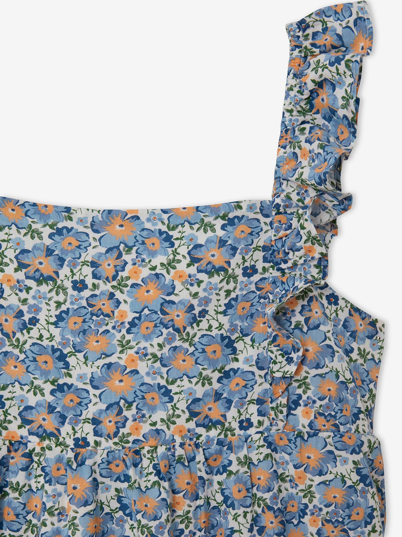 Robe à bretelle volantées fille ecru imprimé fleurs bleues