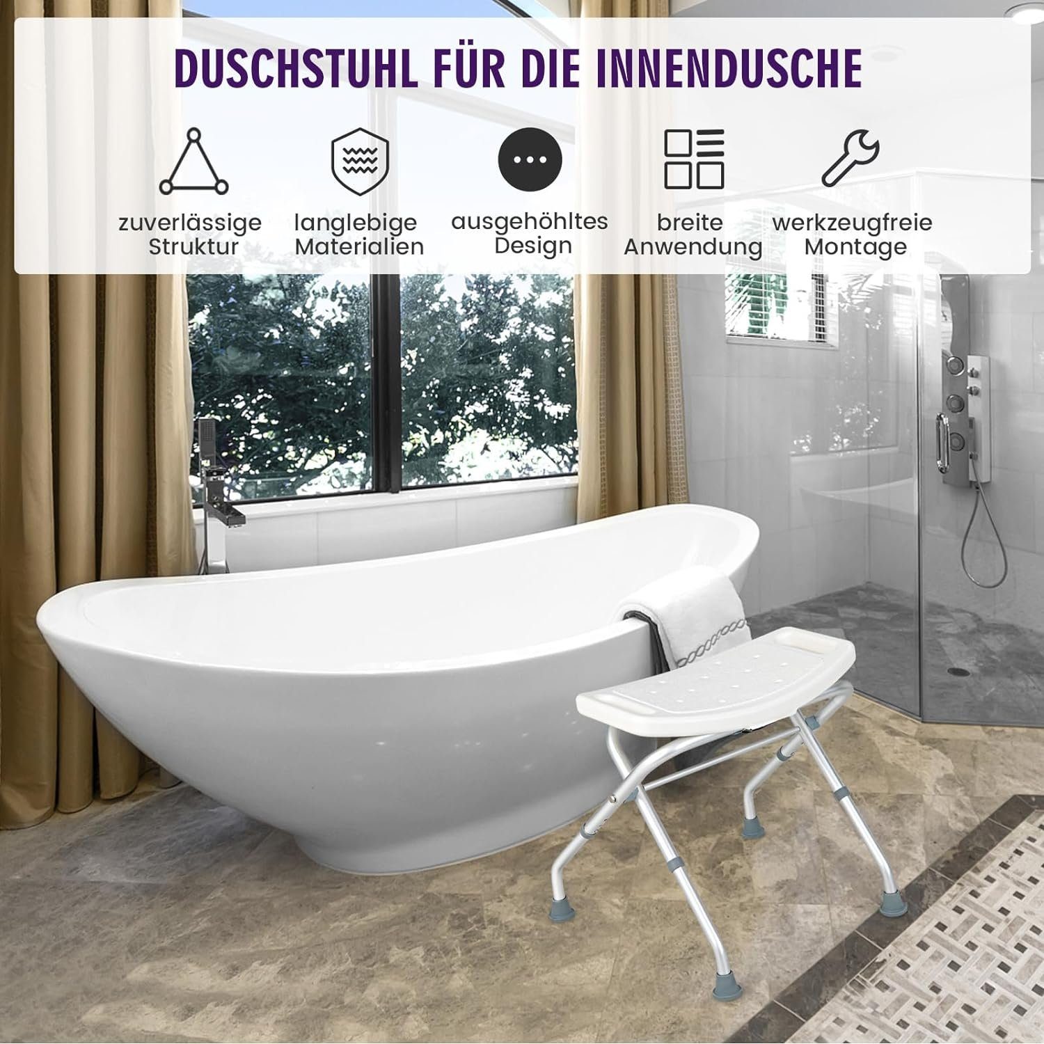 KOMFOTTEU Duschhocker Duschstuhl, belastbar bis 150,00 kg, höhenverstellbar & klappbar