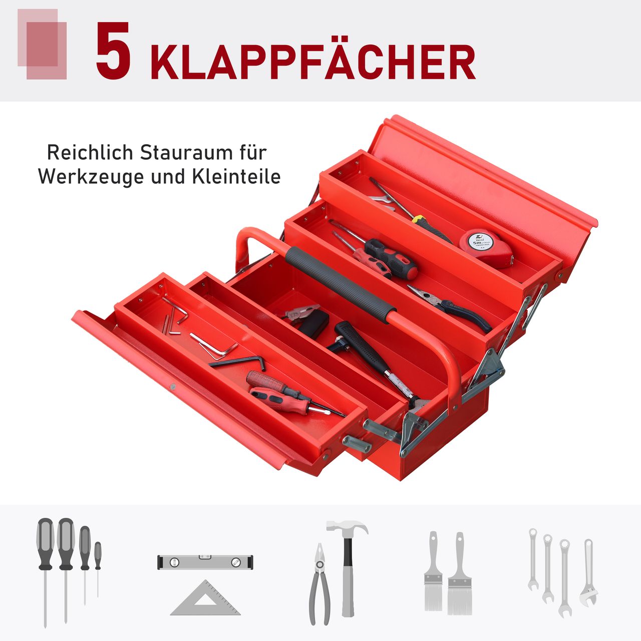 DURHAND Werkzeugkasten Werkzeugkoffer Montage Werkzeugkiste leer platzsparend mit 5 Fächer aufklappbar stabil Stahl (SPCC) Rot 45 x 22,5 x 34,5 cm