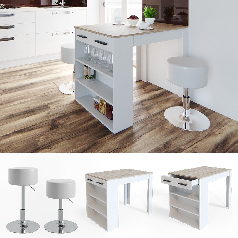 Vicco Bartisch Bartresen Stehtisch Bistrotisch REPOSE Weiß Sonoma inkl. Hocker
