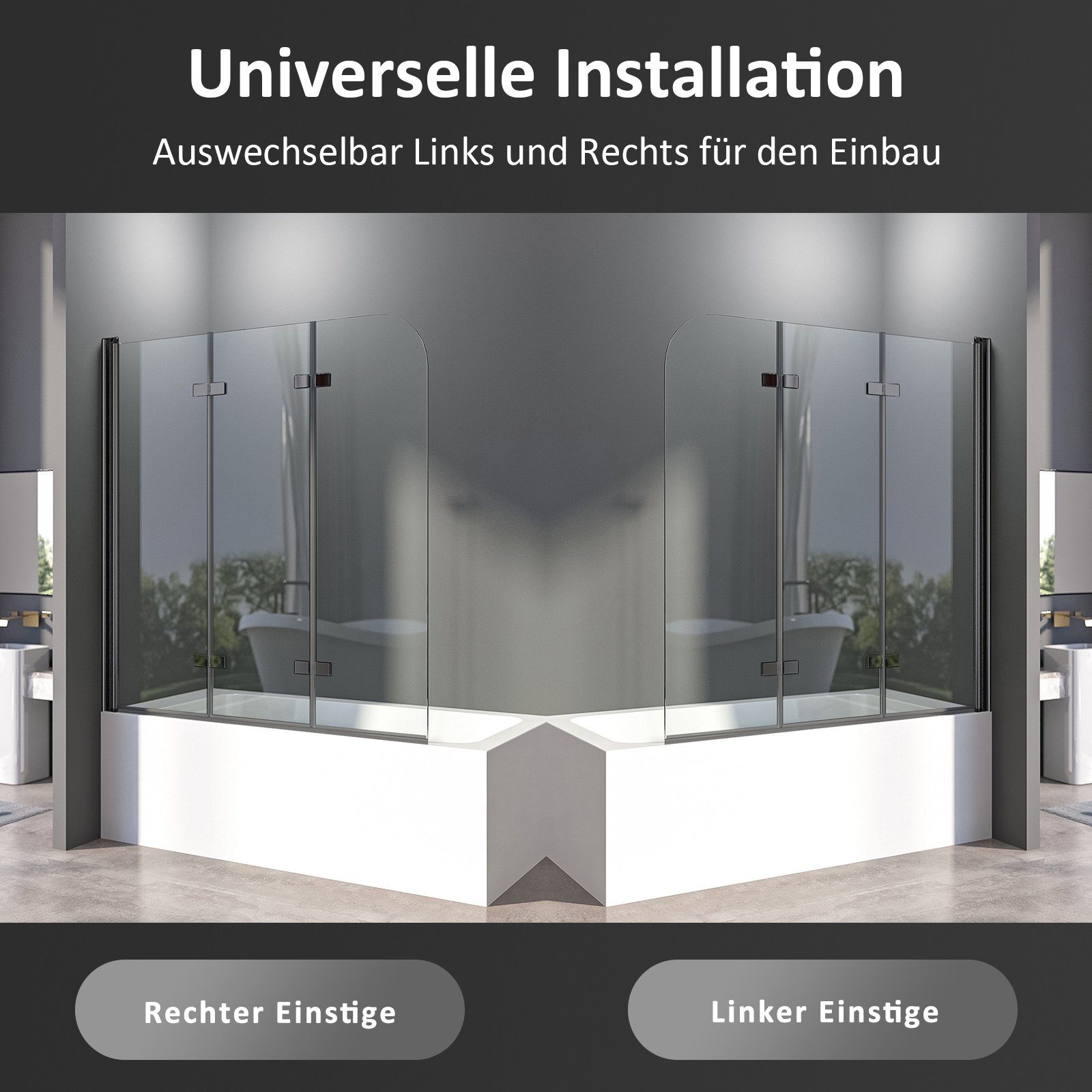 Boromal Badewannenaufsatz Duschwand für Badewanne Schwarz 120 x 140cm Faltbar Duschabtrennung, (Klarglas /Teilsatiniert glas), Badewannenfaltwand Glaswand 6mm ESG Glas