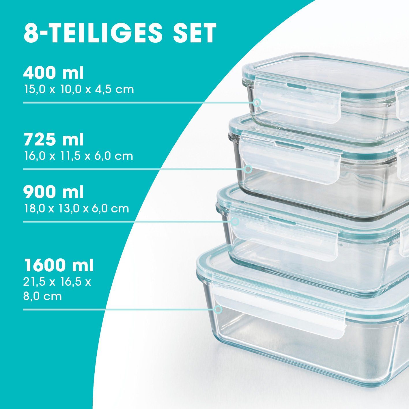 GOURMETmaxx Frischhaltedose Lunchbox Vorratsdosen tropfsicher, Glas, (4er Set, 8-tlg), Glas-Frischhaltedosen 1x 400ml; 1x 750ml; 1x 900ml; 1x 1600ml
