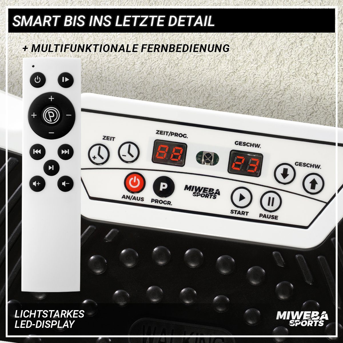 Miweba Sports Vibrationsplatte Vibrationsboard MV100 inkl. Fernbedienung - 2D-Vibration, 250 W, 99 Intensitätsstufen, (150 kg max. Benutzergewicht, Bluetooth, 10 Programme, extra breite Trittfläche, LED-Display, 12,5 kg Leichtgewicht, Poster & Widers