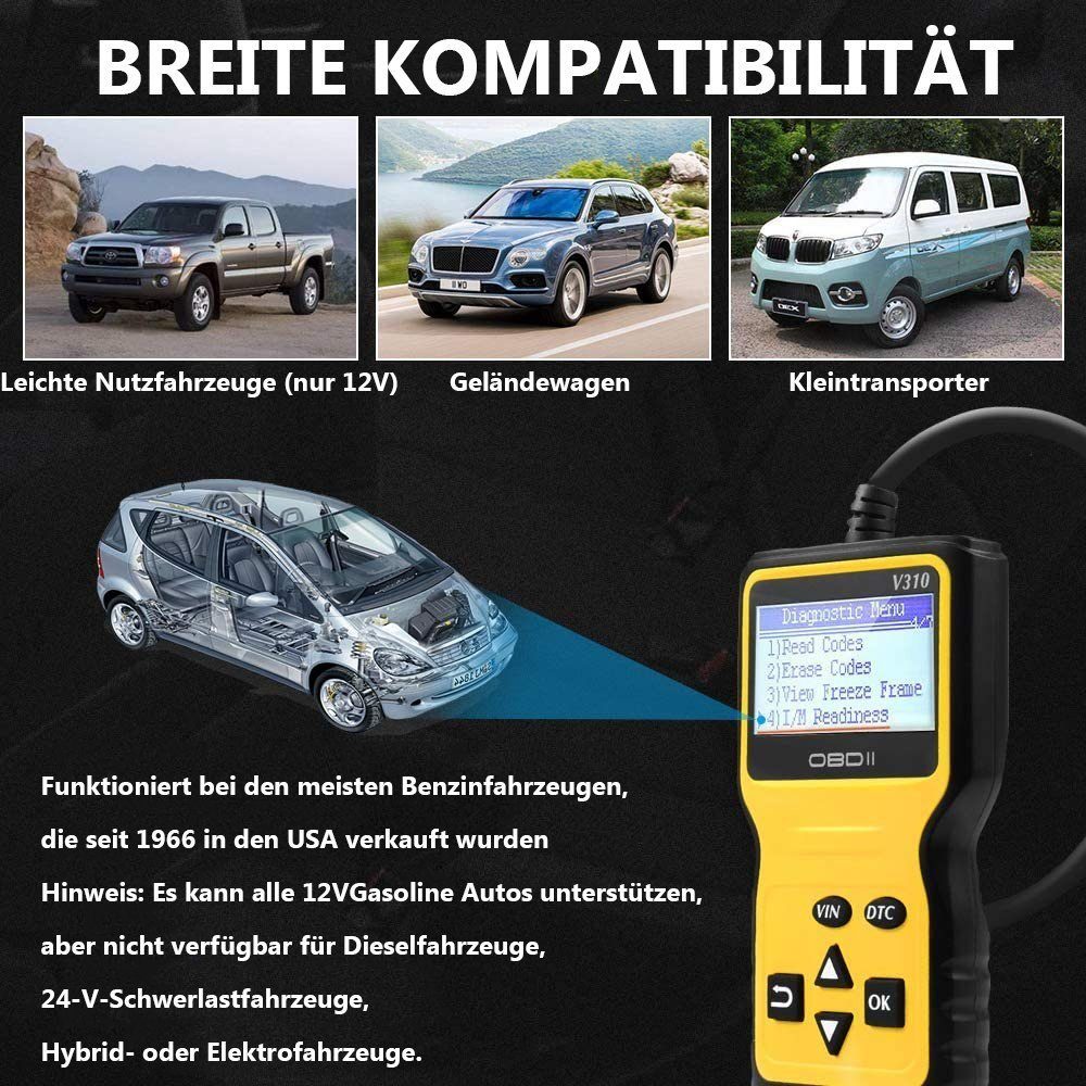 Hikeren Kfz-Diagnosegerät OBD2-Diagnosegerät, V310 KFZ-Fehlercode-Lesegerät, Mehrsprachiges & DTC-Definitionen