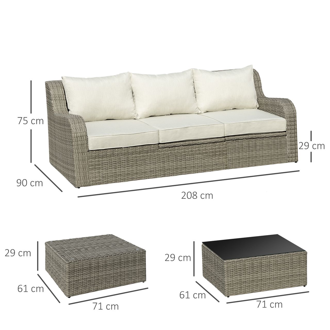 Outsunny 3-tlg. Polyrattan Gartenmöbel Set Gartengarnitur mit Tisch Aluminium