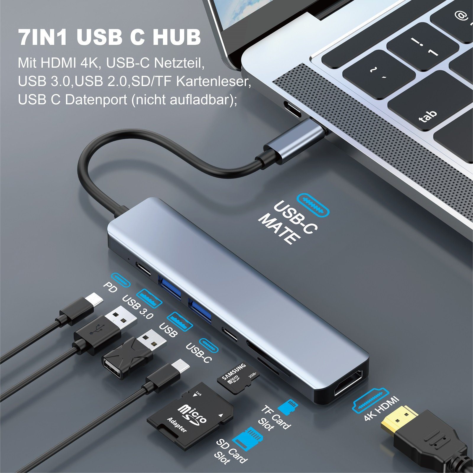 neue dawn Laptop-Dockingstation 7 Port USB C Hub mit 4K HDMI 85W PD USB 3.0 Docking Station Adapter, (85W Schnellaufladung)