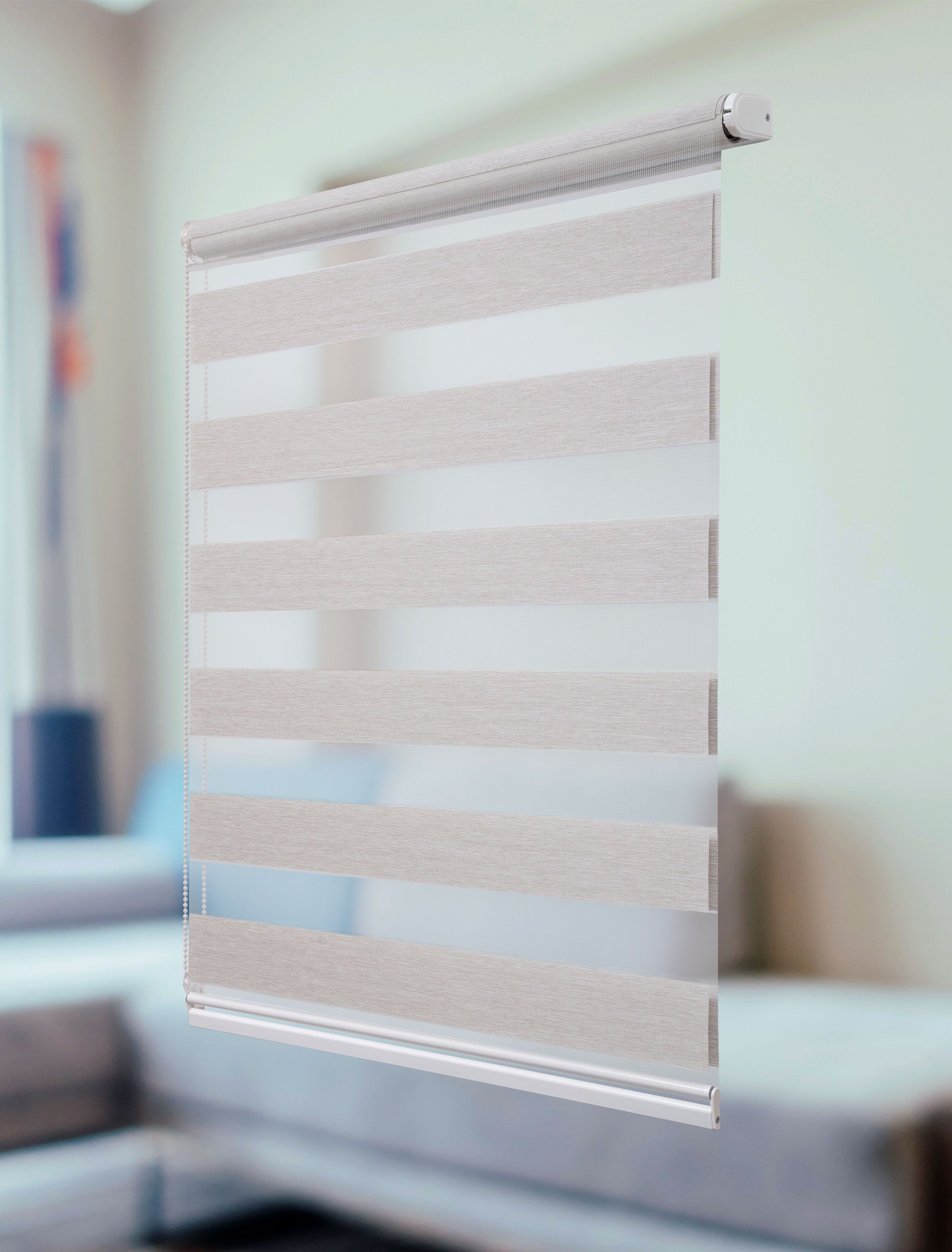Doppelrollo Klemmfix Doppelrollo mit Perlen Volant in versch. Farben, Plisseeonline, blickdicht, Klemmträger Montage auf dem Fensterrahmen, Freihängend, Klemmfix, Mit Perlen, Aluminium Schiene, Weiß, Grau, Beige, Braun, Anthrazit