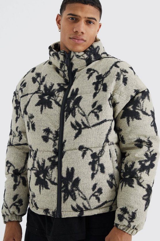 Kastige florale Jacquard-Steppjacke mit Trichterkragen