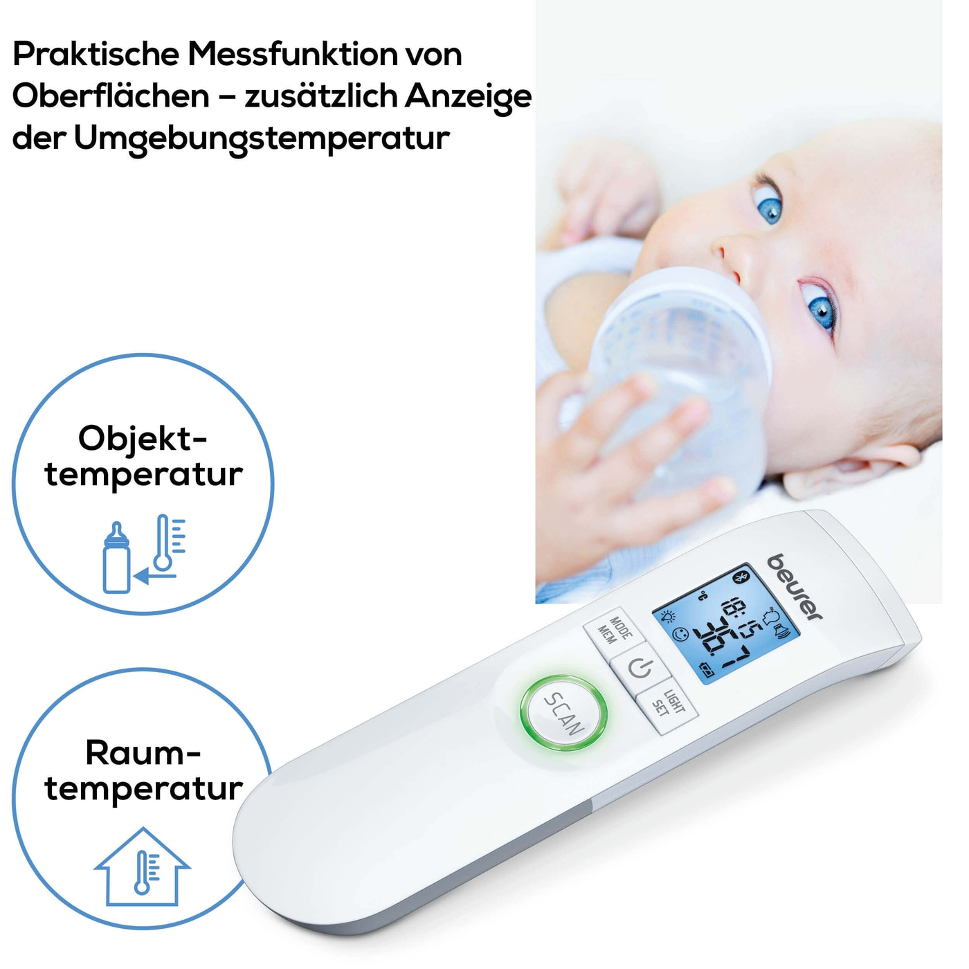 Beurer kontaktloses Thermometer FT 95 <i>Bluetooth</i>®-Fieberthermometer kontaktlos mit Anbindung an HealthManager & BabyCare App