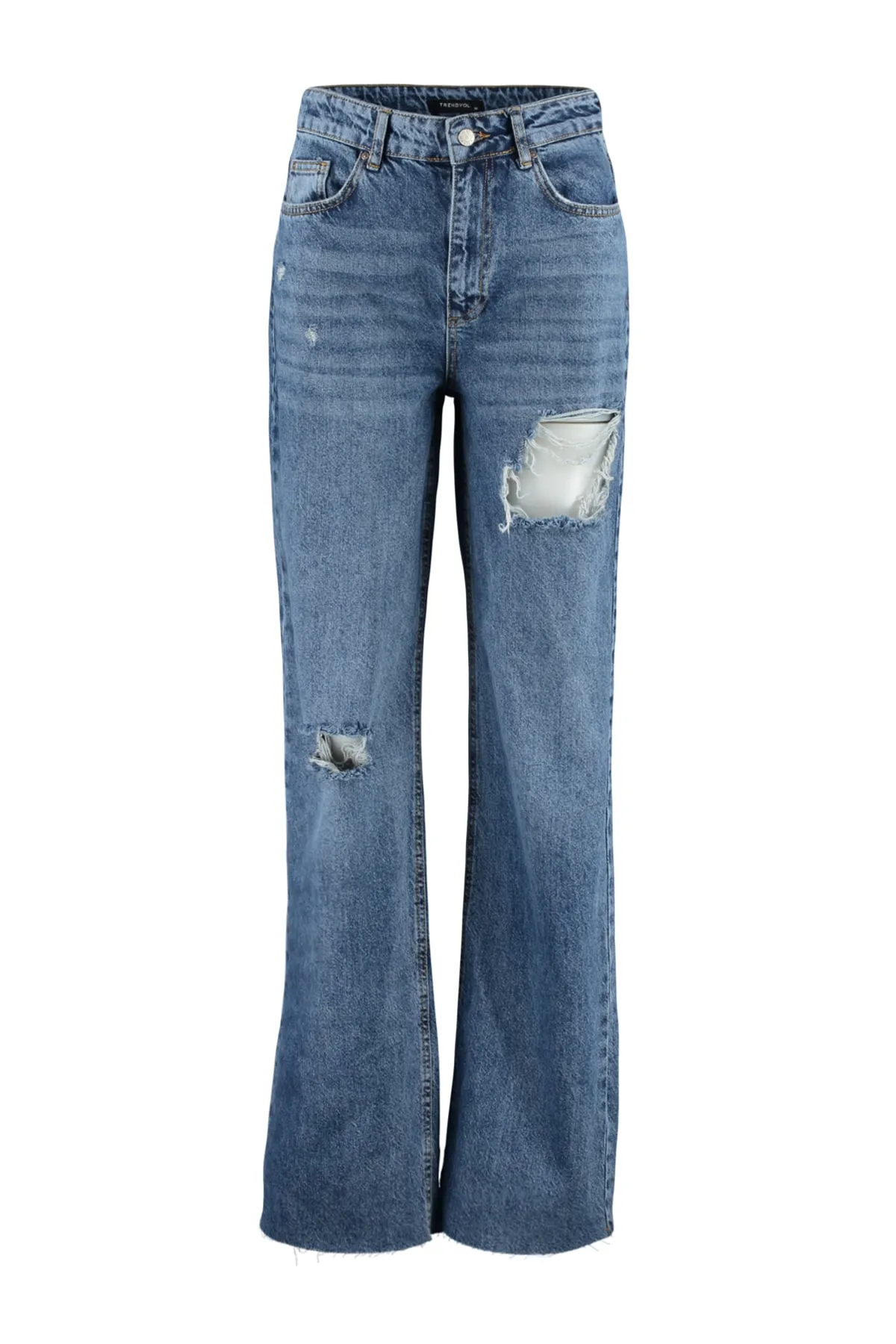 Trendyol Collection  Dunkelblaue zerrissene Jeans mit hoher Taille und weitem Bein TWOSS23JE00123