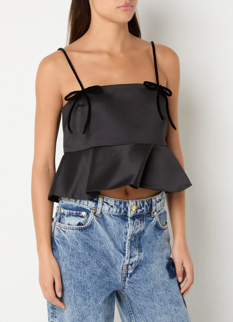 Ganni satin spaghetti top with bow detail