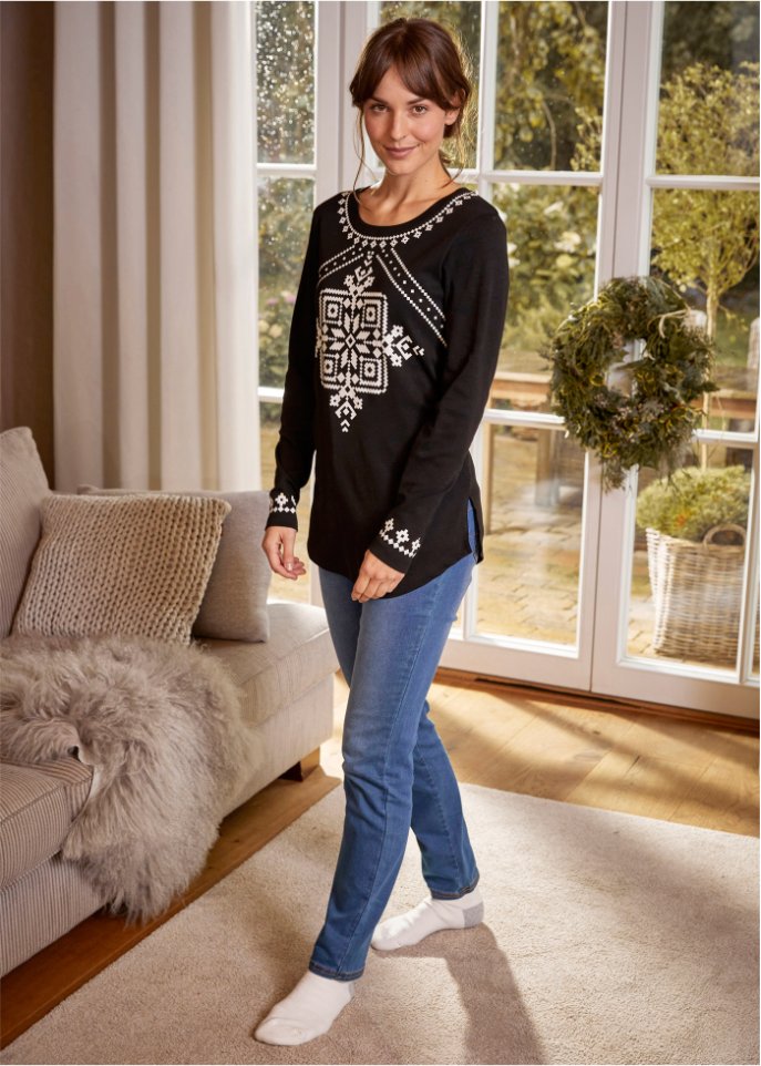Baumwollripp-Langarmshirt mit Norwegermotiv