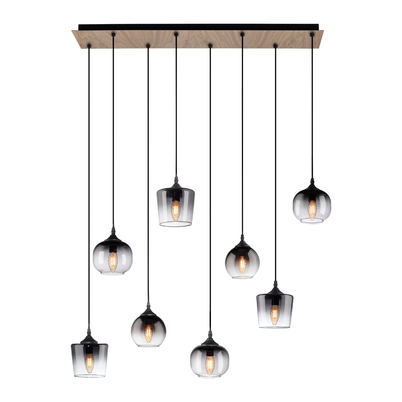 JUST LIGHT Pendelleuchte GREEN ZEA, 8x E14/25 Watt max., rauchfarbene Gläser, Holz-natur
