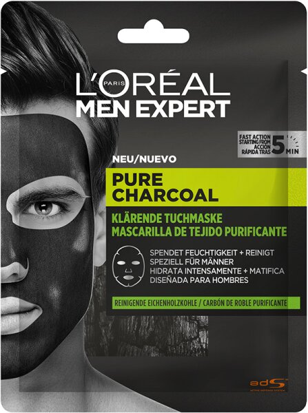L'Oréal Paris Men Expert Pure Charcoal schwarze, tiefenreinigende und mattierende Tuchmaske Gesichtsmaske