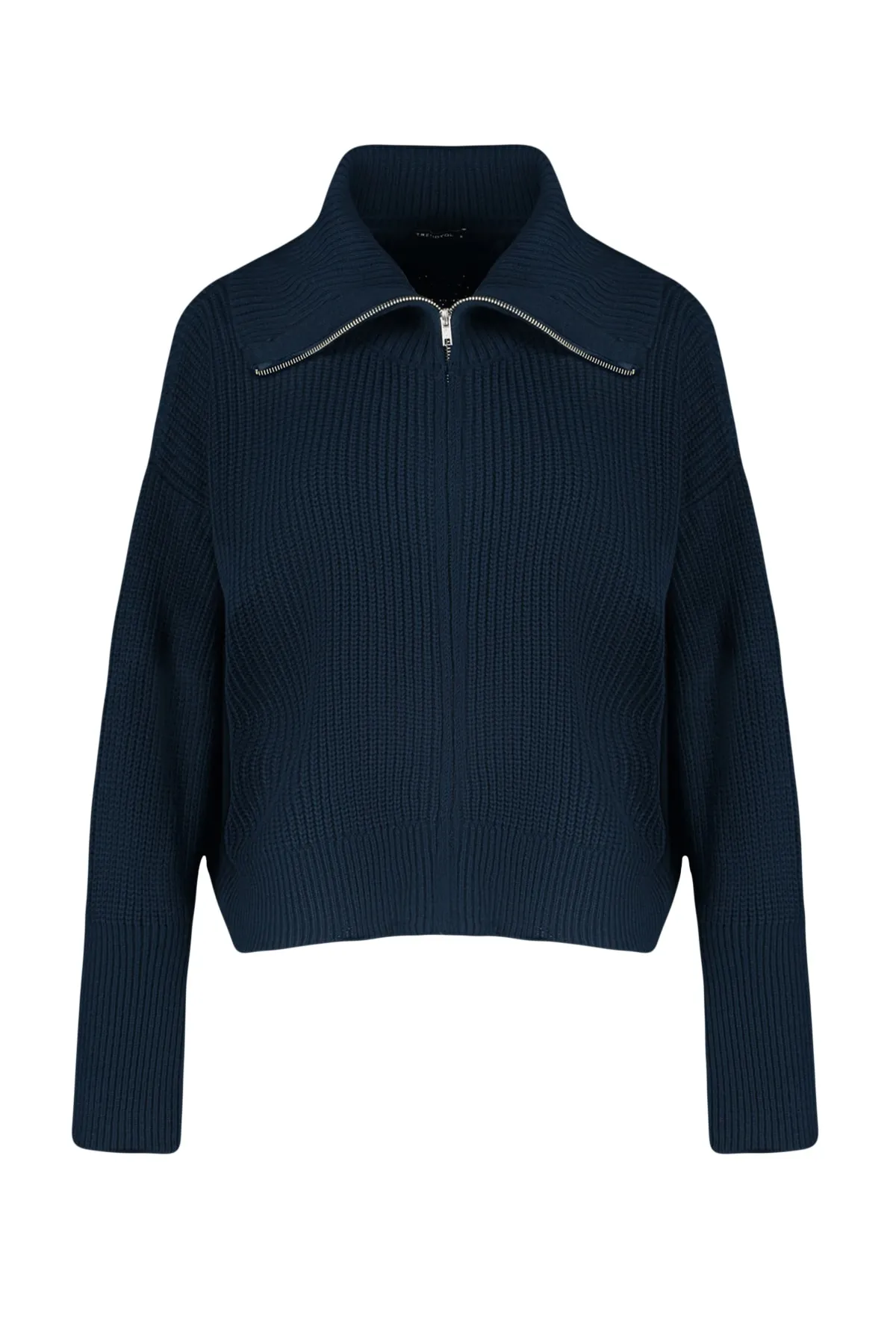 Trendyol Collection  Marineblauer Strick-Cardigan mit Degaje-Kragen und Reißverschluss TWOAW24HI00072