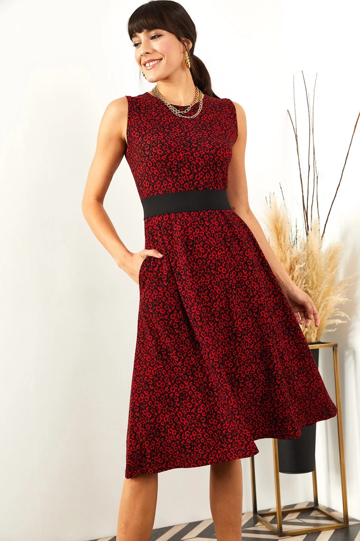 Olalook  Rotes, lockeres Kleid mit Taschen für Damen