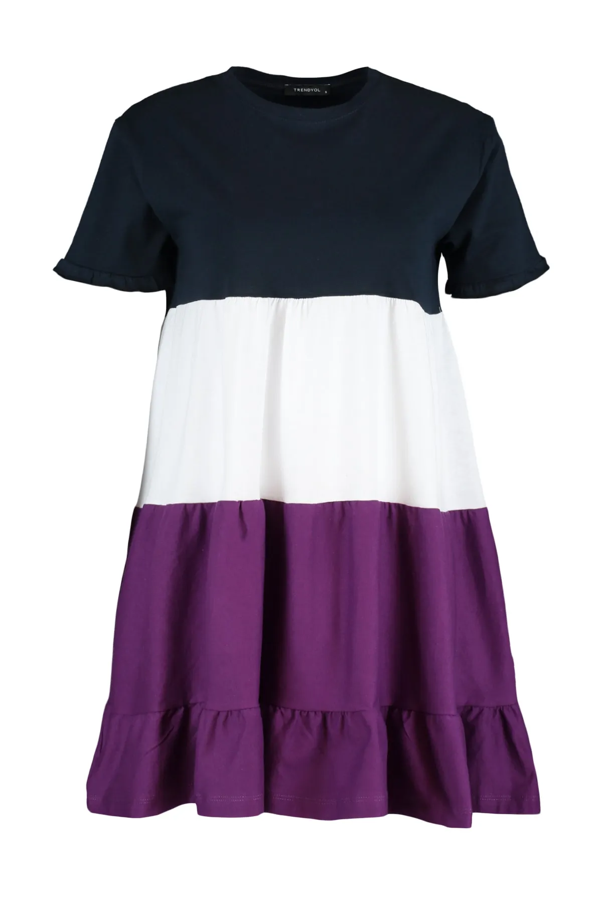 Trendyol Collection  Marineblaues Mini-Strickkleid im Farbblock-Design aus 100 % Baumwolle TWOSS20EL1638