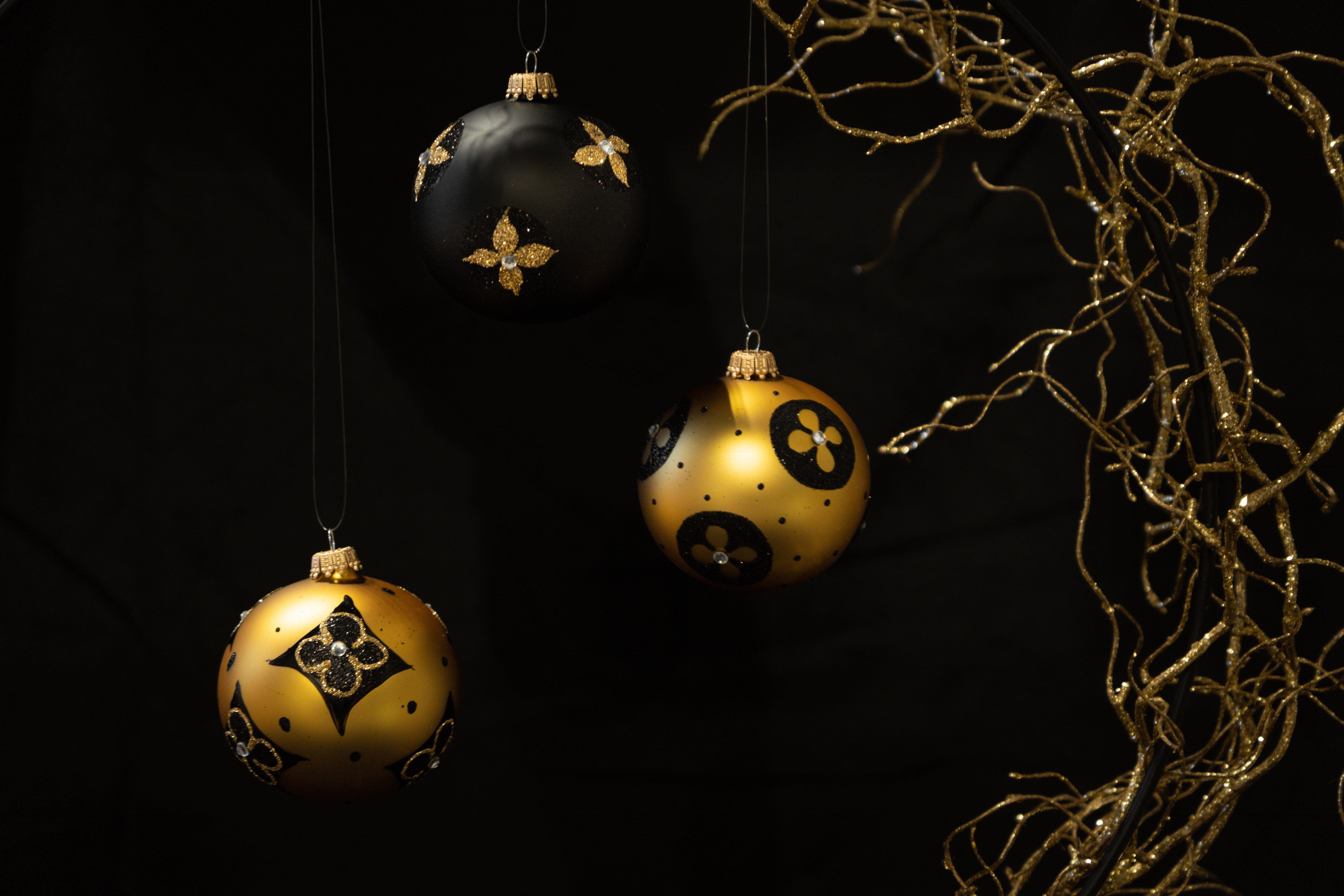 Krebs Glas Lauscha Christbaumschmuck Gold & Schwarz, 3-er Set, stilisierte Blumen, Strasssteine, 8cm