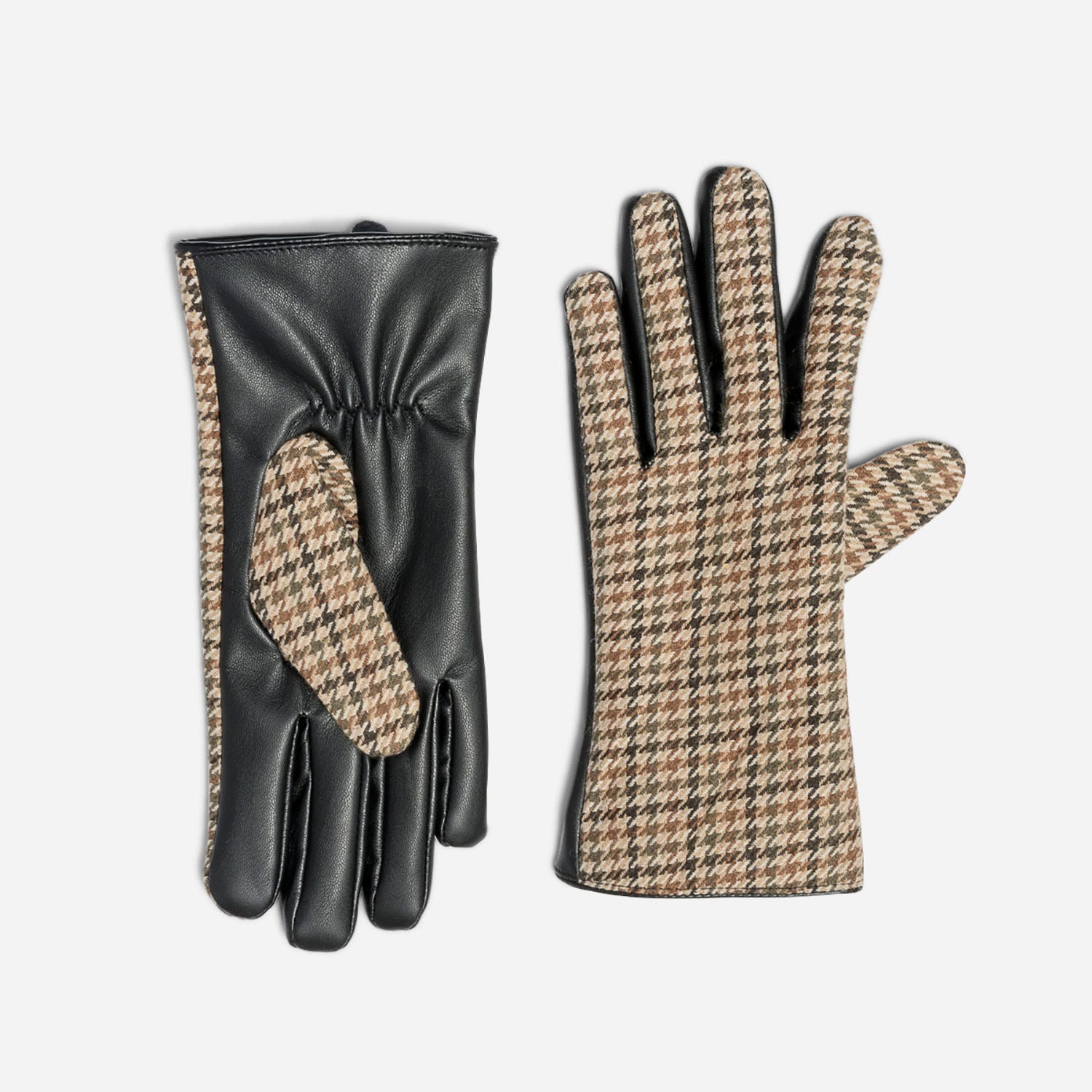 Gants noirs bi matière à motif pied-de-poule