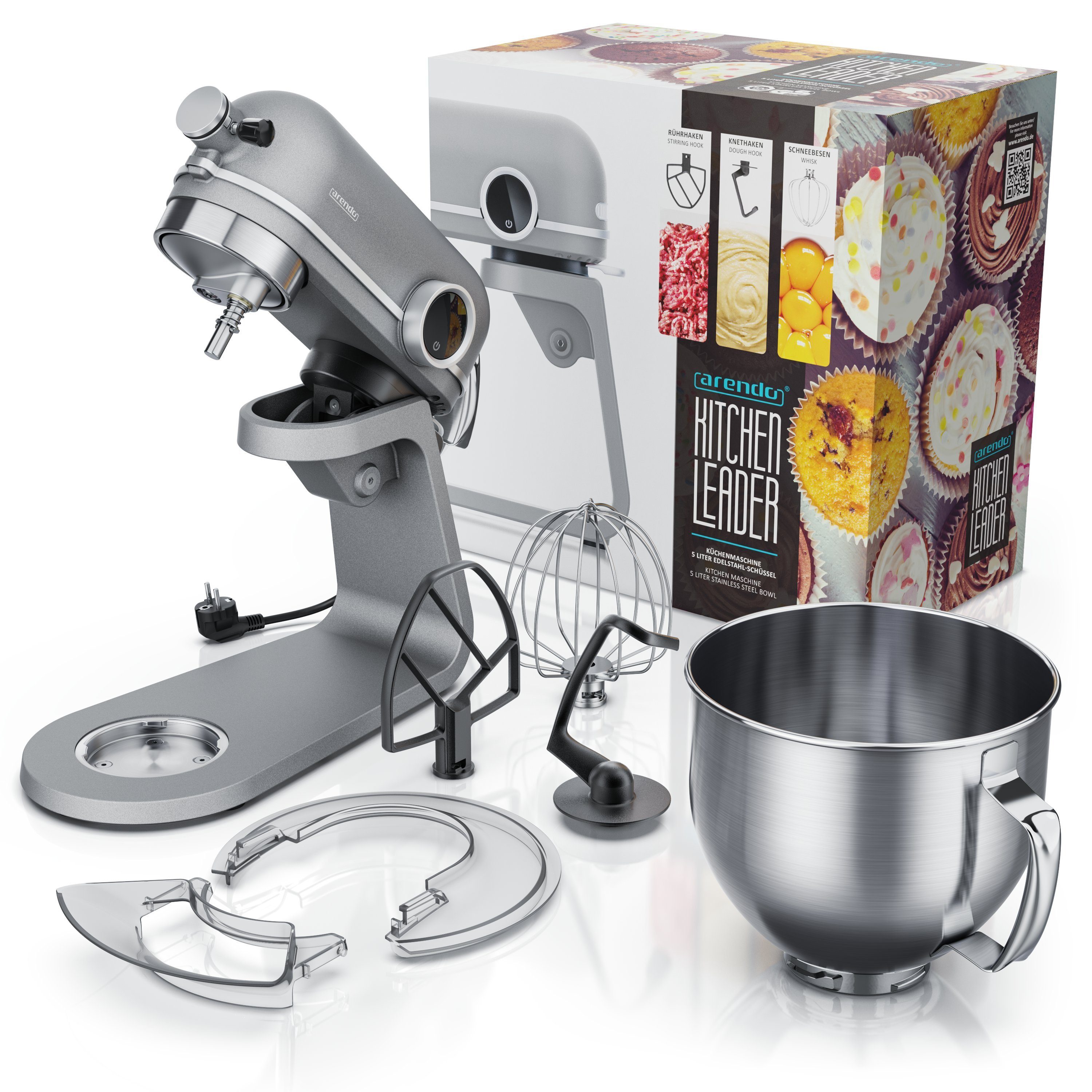 Arendo Kompakt-Küchenmaschine, 800 W, 800W Rührmaschine, 5L Edelstahlschüssel, 3 Rührwerkzeuge, Knetmaschine