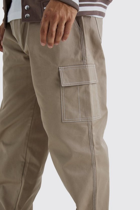 Lockere Twill Cargohose mit Kontrast-Naht und elastischem Bund
