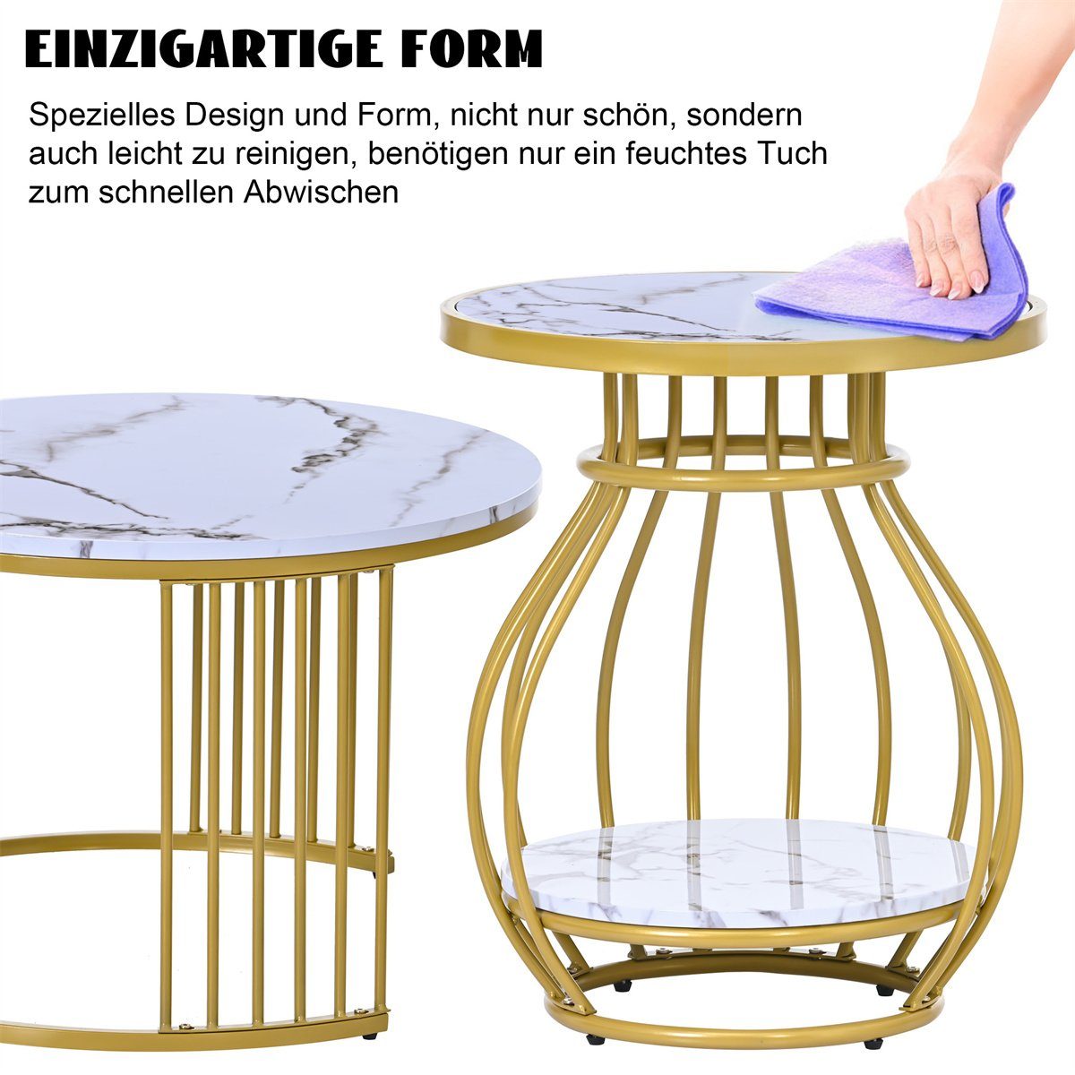XDeer Couchtisch Couchtisch 2er Set,robustes Sofatisch Wohnzimmertisch Rund, Beistelltisch mit golden Eisengestell(70*70*45.5/45*45*53.5cm)