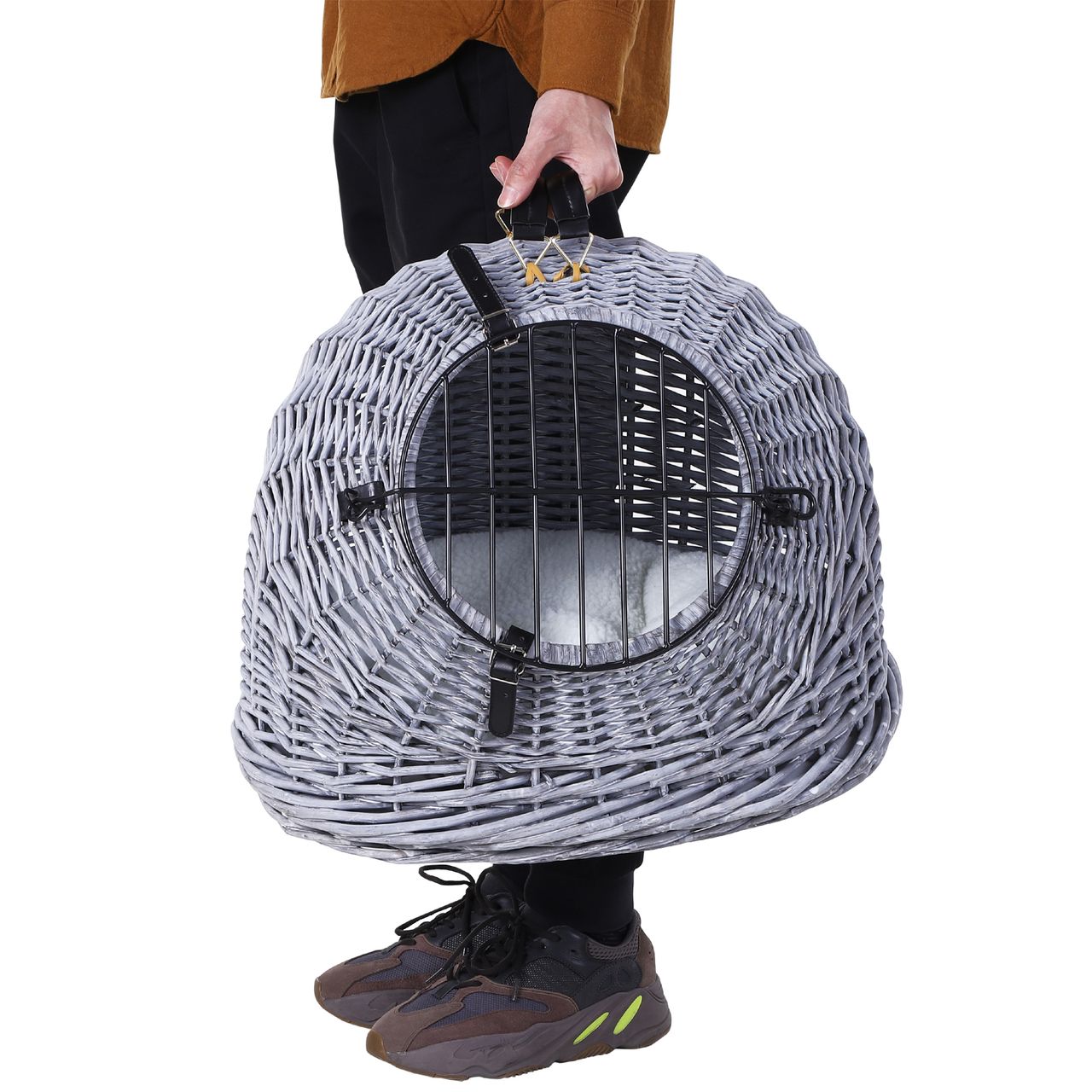 PawHut Transportkorb Transportbox für Katzen Hunde, Korbhöhle mit Gitter,Katzenhaus aus Weide, Katzenkorb, Weidekorb, Grau, 47 x 35 x 35 cm