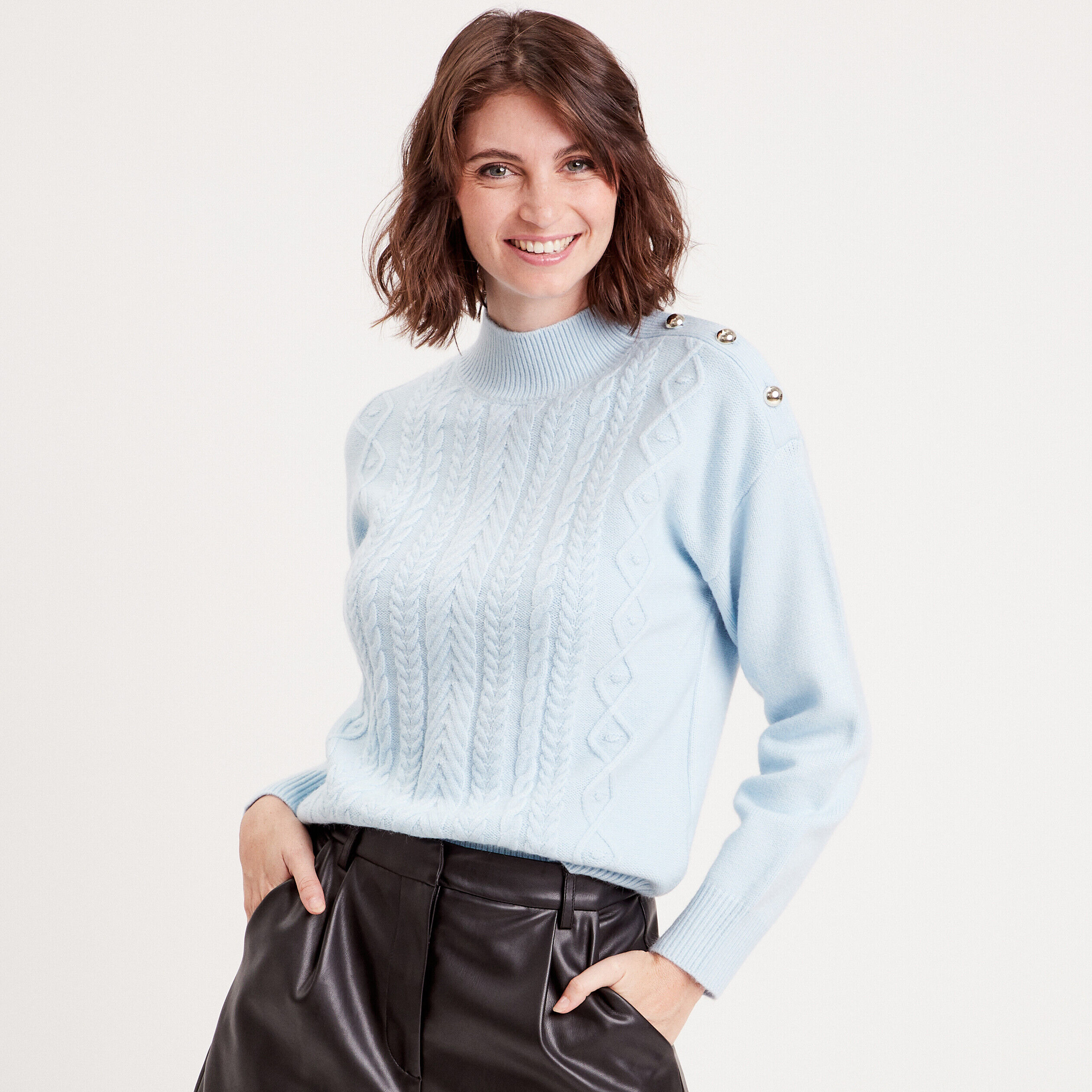 Pull col montant avec torsades bleu pastel femme | Cache Cache