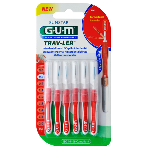 GUM TRAV-LER 0,8mm Kerze rot Interdental 6Kappen  6 St  Zahnbürste