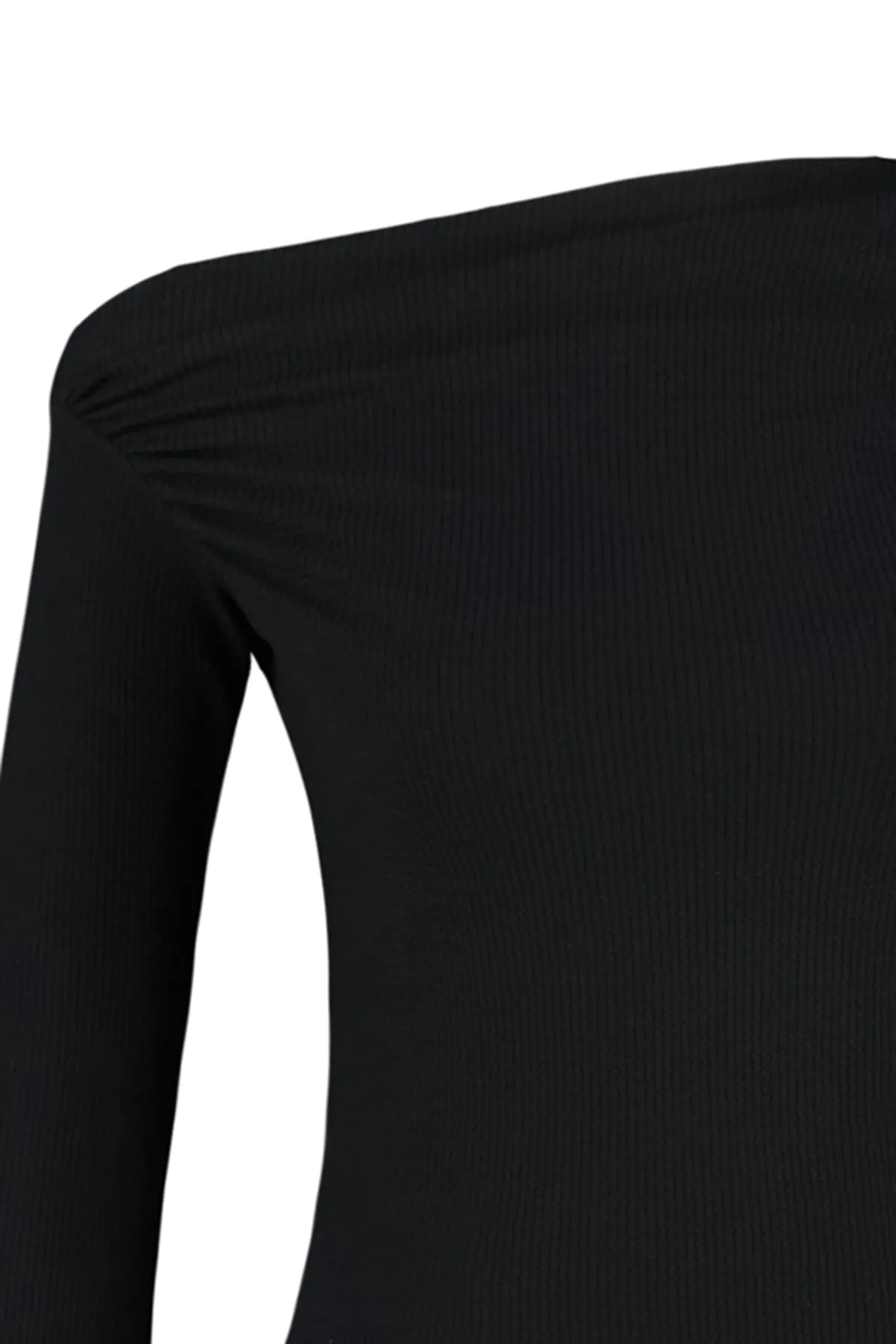 Trendyol Collection  Schwarze, drapierte, asymmetrische Strickbluse mit U-Boot-Ausschnitt TWOAW24BZ00393