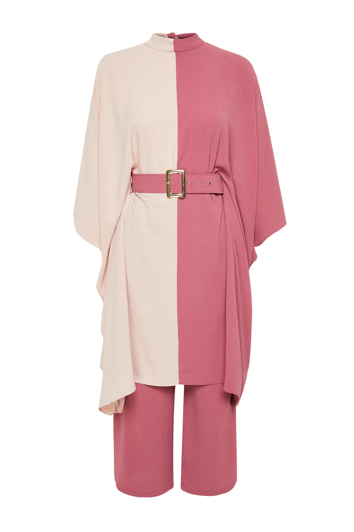 Trendyol Modest  Gewebter Tunika-Hosen-Anzug mit Gürtel und Farbblockierung in Dried Rose TCTSS23US00046