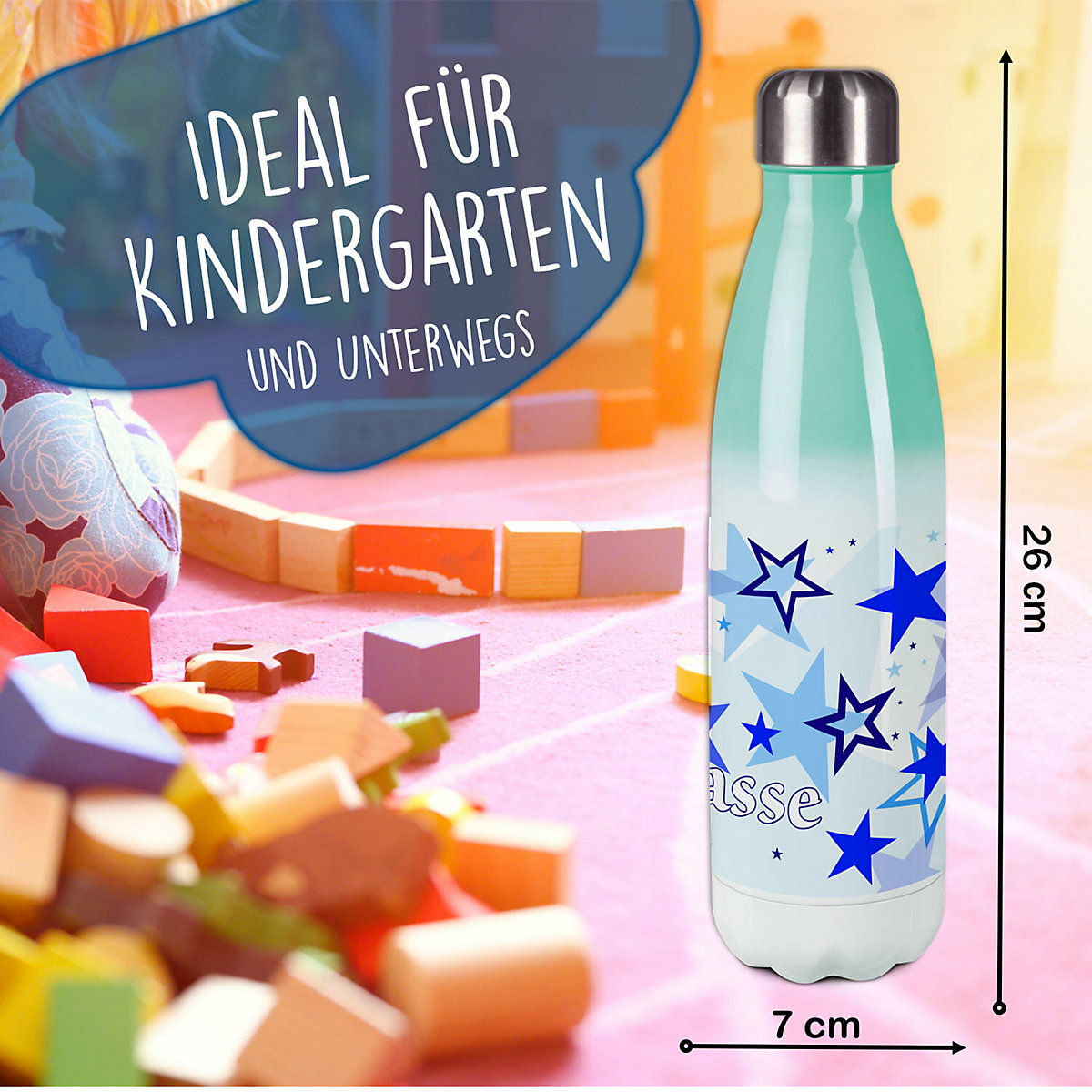 Edelstahl Kinder Thermoflasche / Trinkflasche bunt Sternenhimmel Farbe blau Spülmaschinenfest, Auslaufsicher, Bruchfest, Doppelwandig, Für Heißgetränke geeignet, Mit Deckel, Isoliert