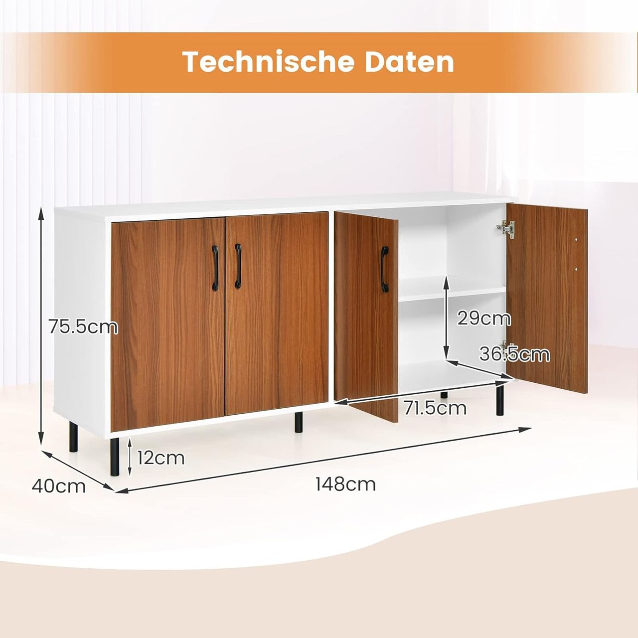 Costway Sideboard 148 x 40 x 75,5cm, Kommode mit 4 Türen