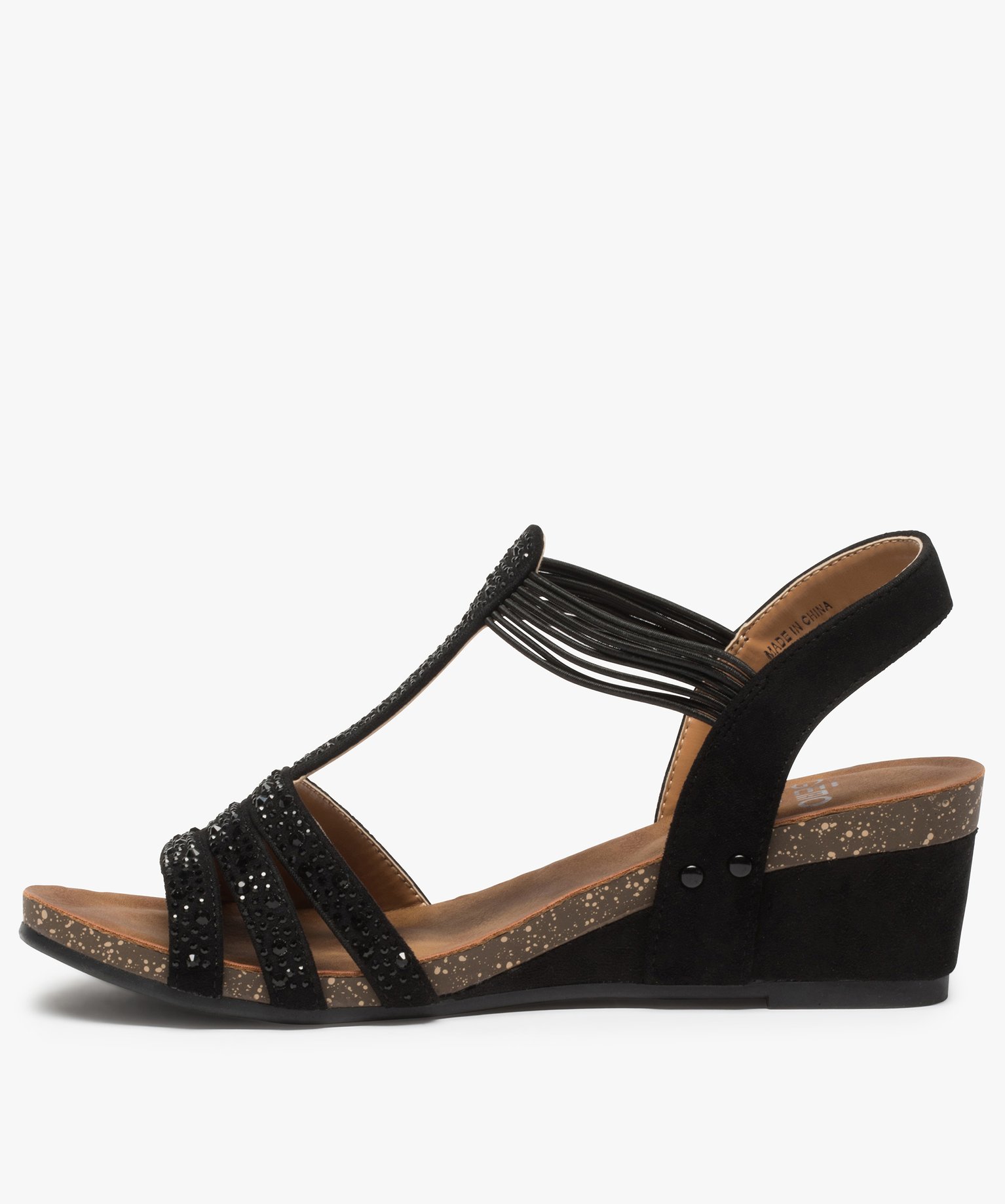 Sandales femme compensées à brides strass élastiquées noir | GEMO