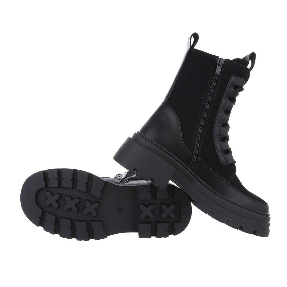 Ital-Design Damen Schnürschuhe Freizeit Schnürstiefelette Blockabsatz Plateaustiefeletten in Schwarz