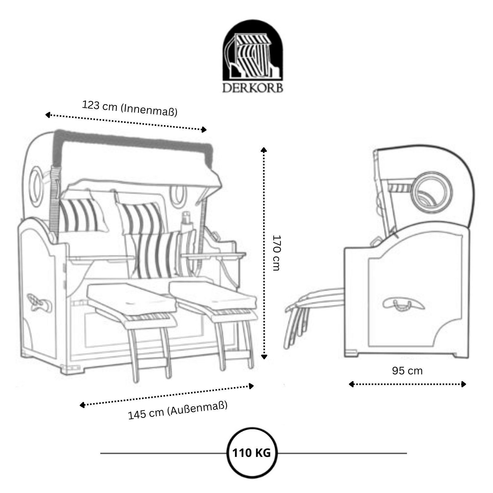 DERKORB Strandkorb Premium Strandkorb Ostsee XXL Volllieger, 2,5 Sitzer mit Bullauge, Volllieger, Ostsee Modell 2,5 Sitzer, (1-tlg), schwenkbare Bistrotische, inkl. premium Schutzhülle, montiert