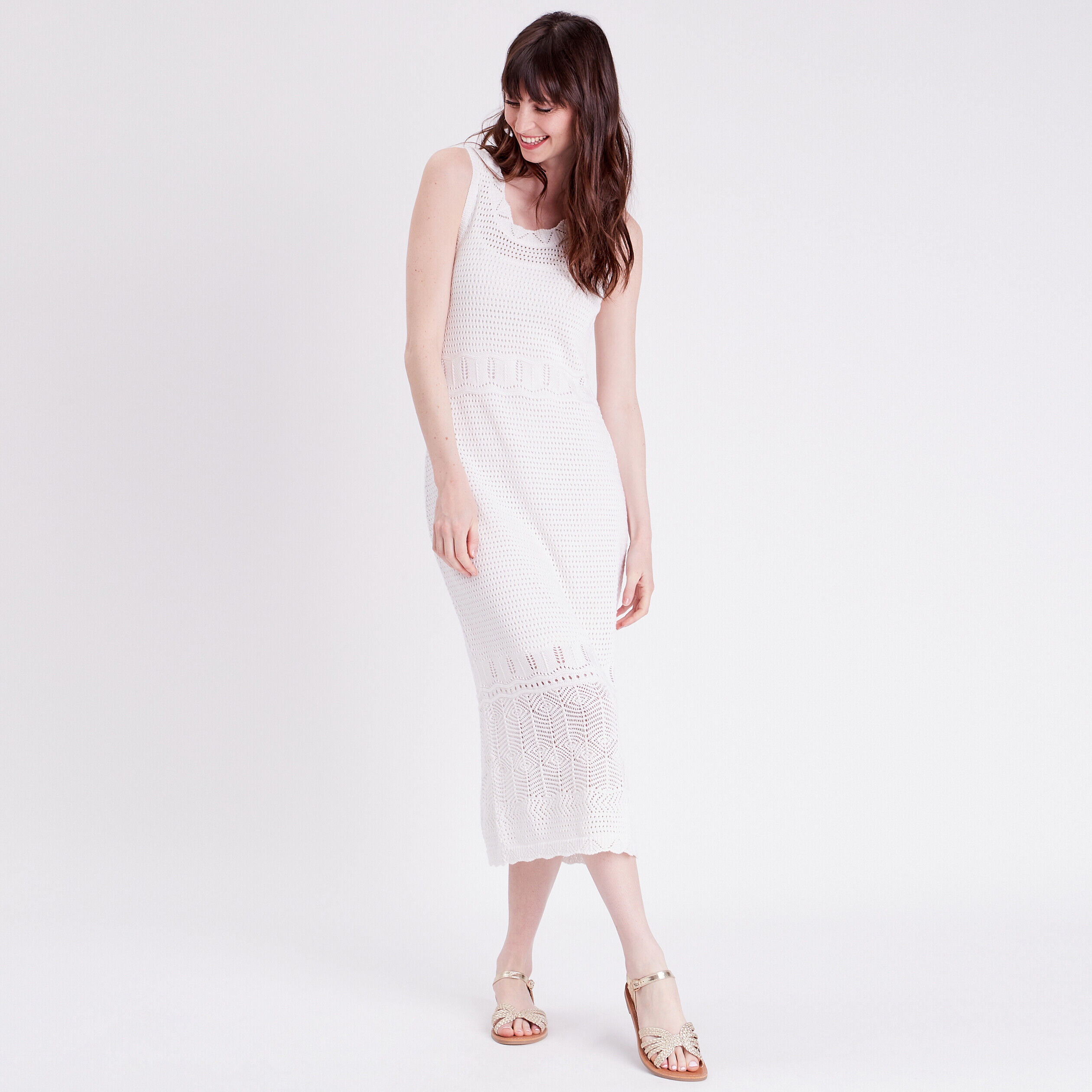 Robe longue trapèze crochet ecru femme | Cache Cache