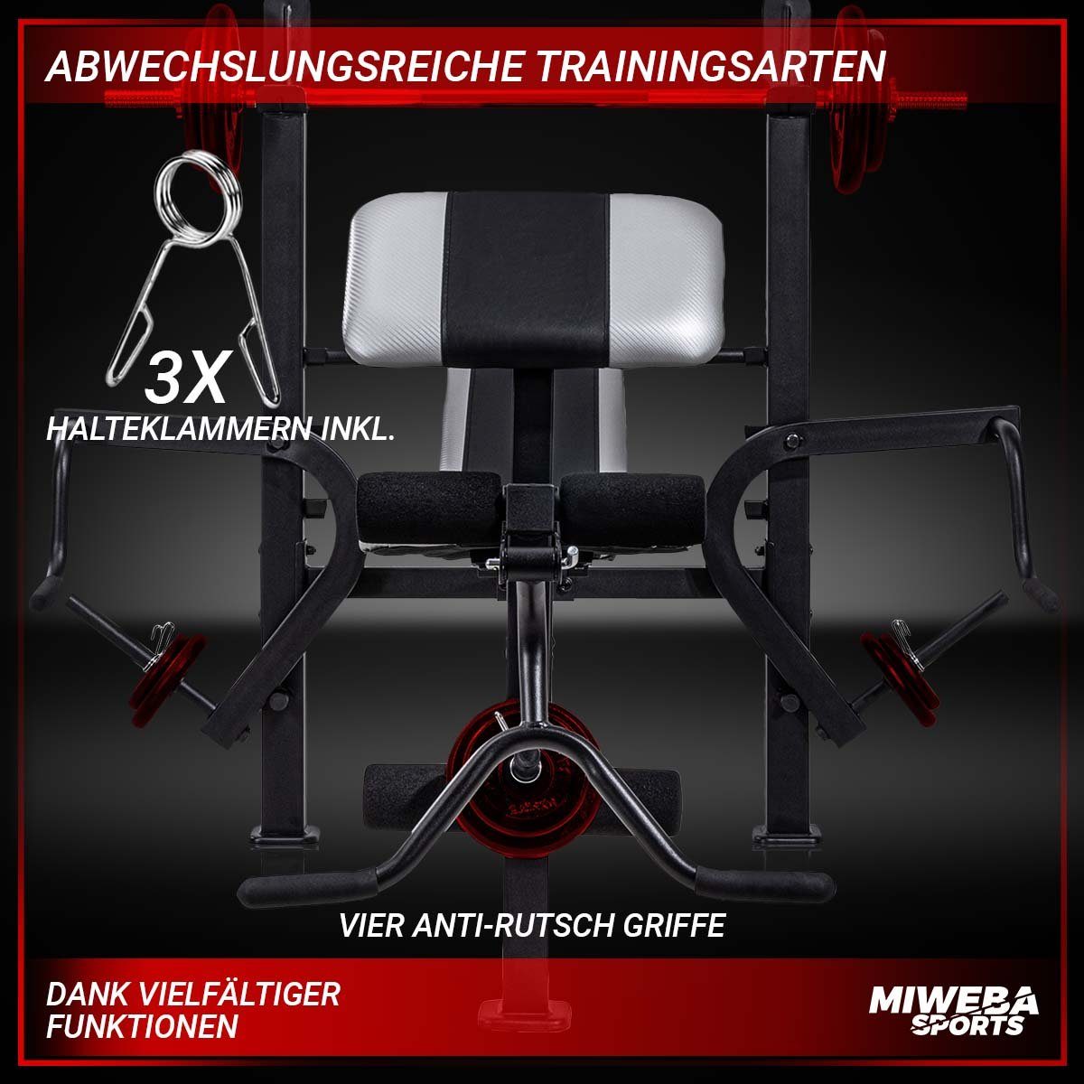 Miweba Sports Hantelbank 40in1 Profi Fitness Trainingsbank MB500 Pro - höhenverstellbar, (Anti Rutsch Griffe, Federverschluss, Rückenpolster & Sitzpolster, wasserabweisend, Kraftstation, Schrägbank, Workout, Krafttraining, Hanteltraining, Fitnessgerä