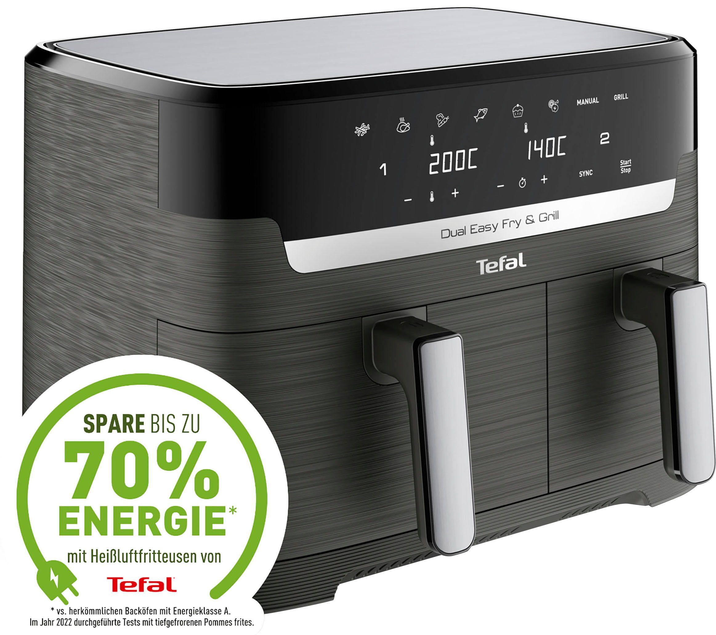 Tefal Heißluftfritteuse EY905B Dual Easy Fry & Grill Doppelkammer, 8,3 L Kapazität, 2 Laden, 2700 W, mit Hamburger Presse