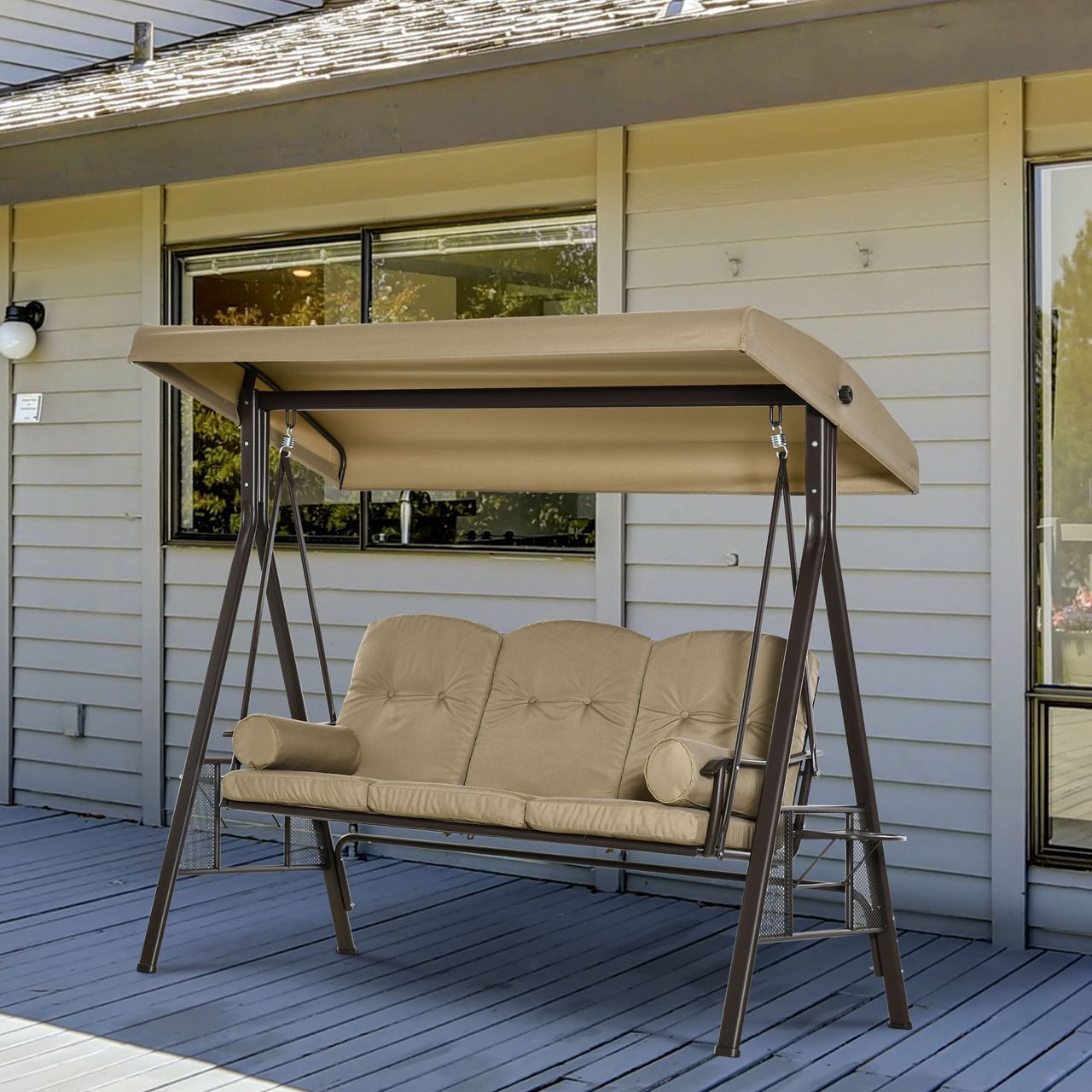 Outsunny 3-Sitzer Hollywoodschaukel Gartenschaukel mit Sonnendach Kissen Metall Polyester Grau 116 x 206 x 183 cm